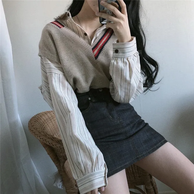 “STRIPE SHIRT & V-NECK SWEATER” SWEATER SUIT W102511
