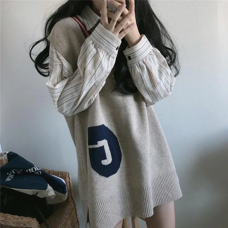 “STRIPE SHIRT & V-NECK SWEATER” SWEATER SUIT W102511