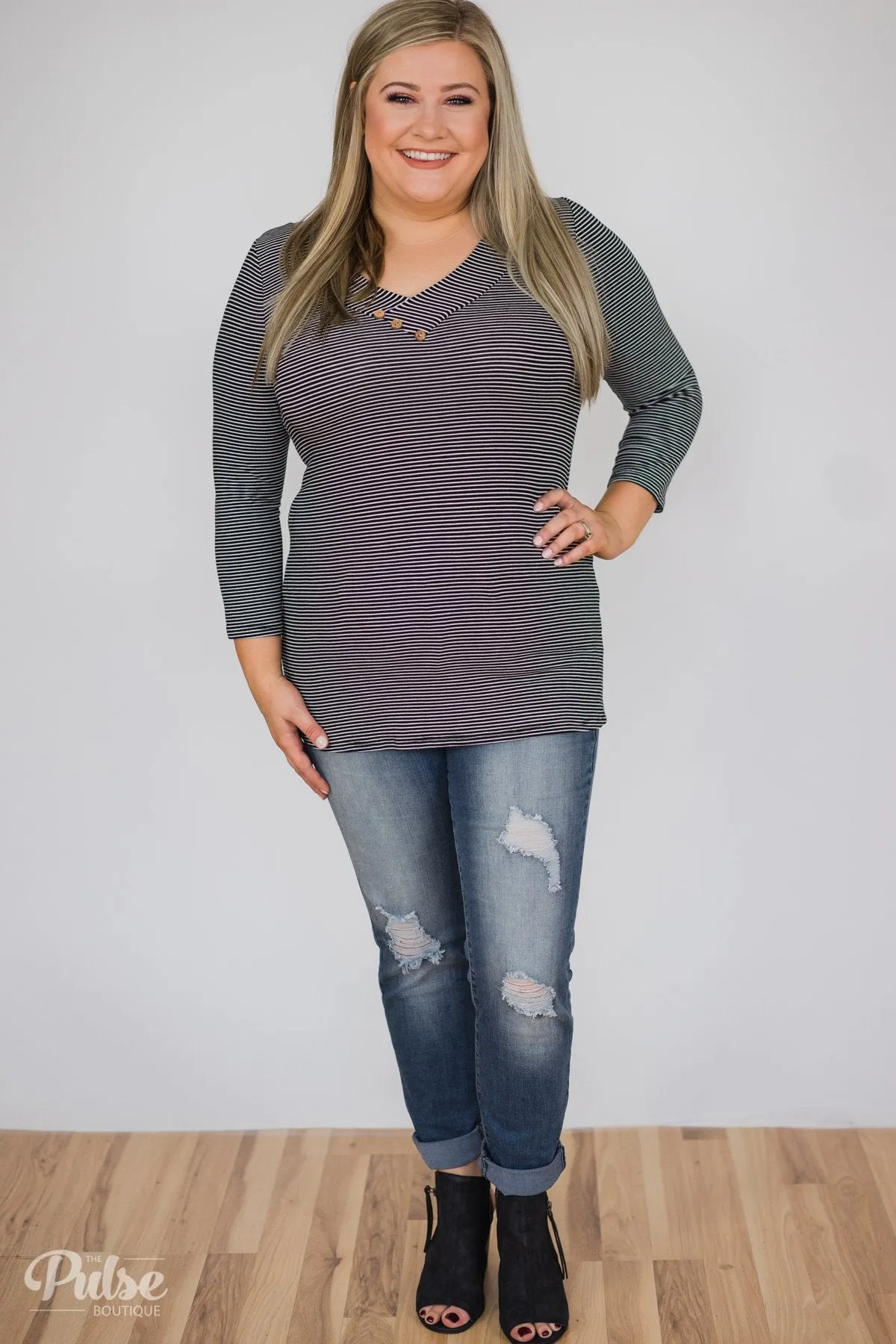 Striped Cutie 3/4 Sleeve Top- Black