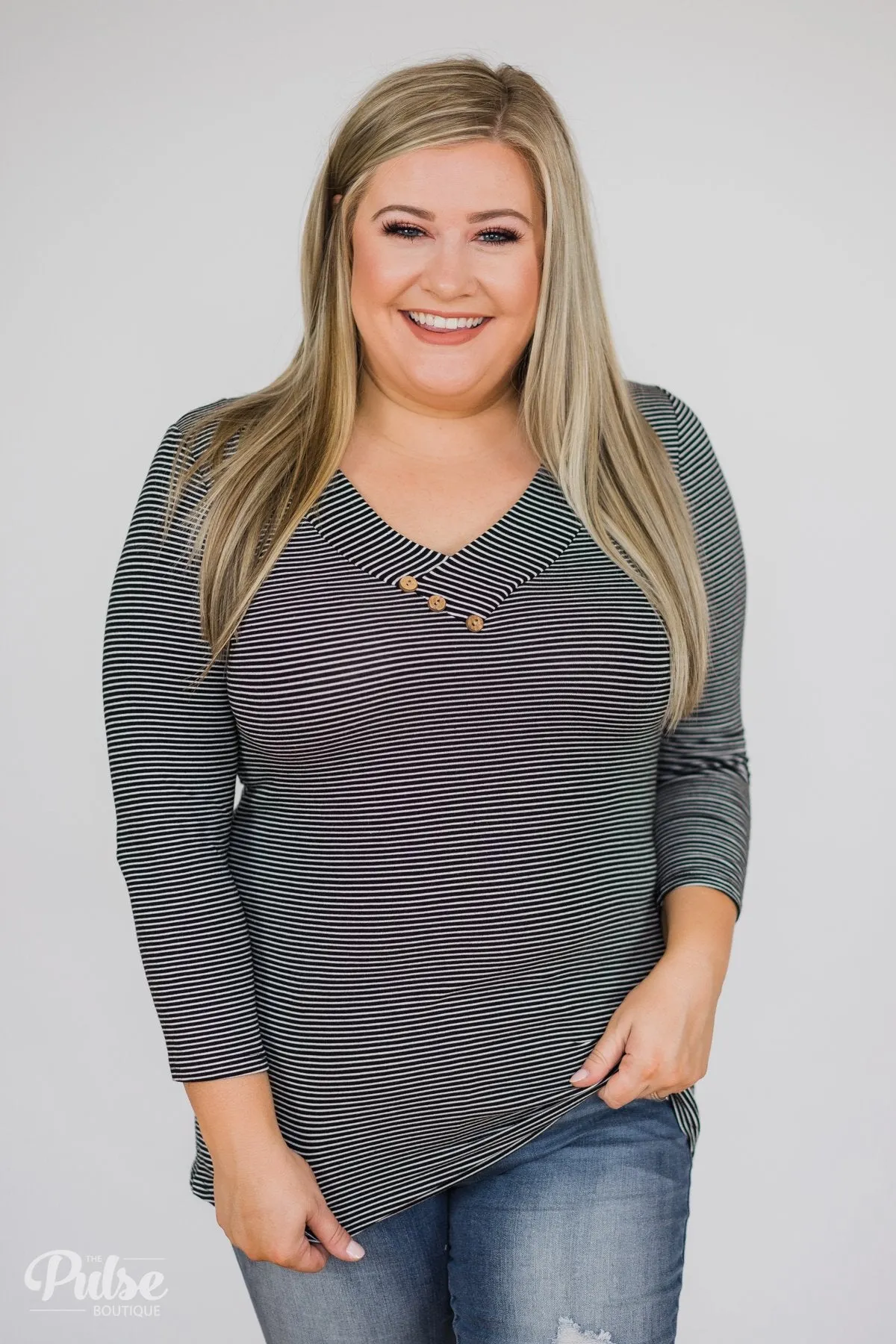 Striped Cutie 3/4 Sleeve Top- Black