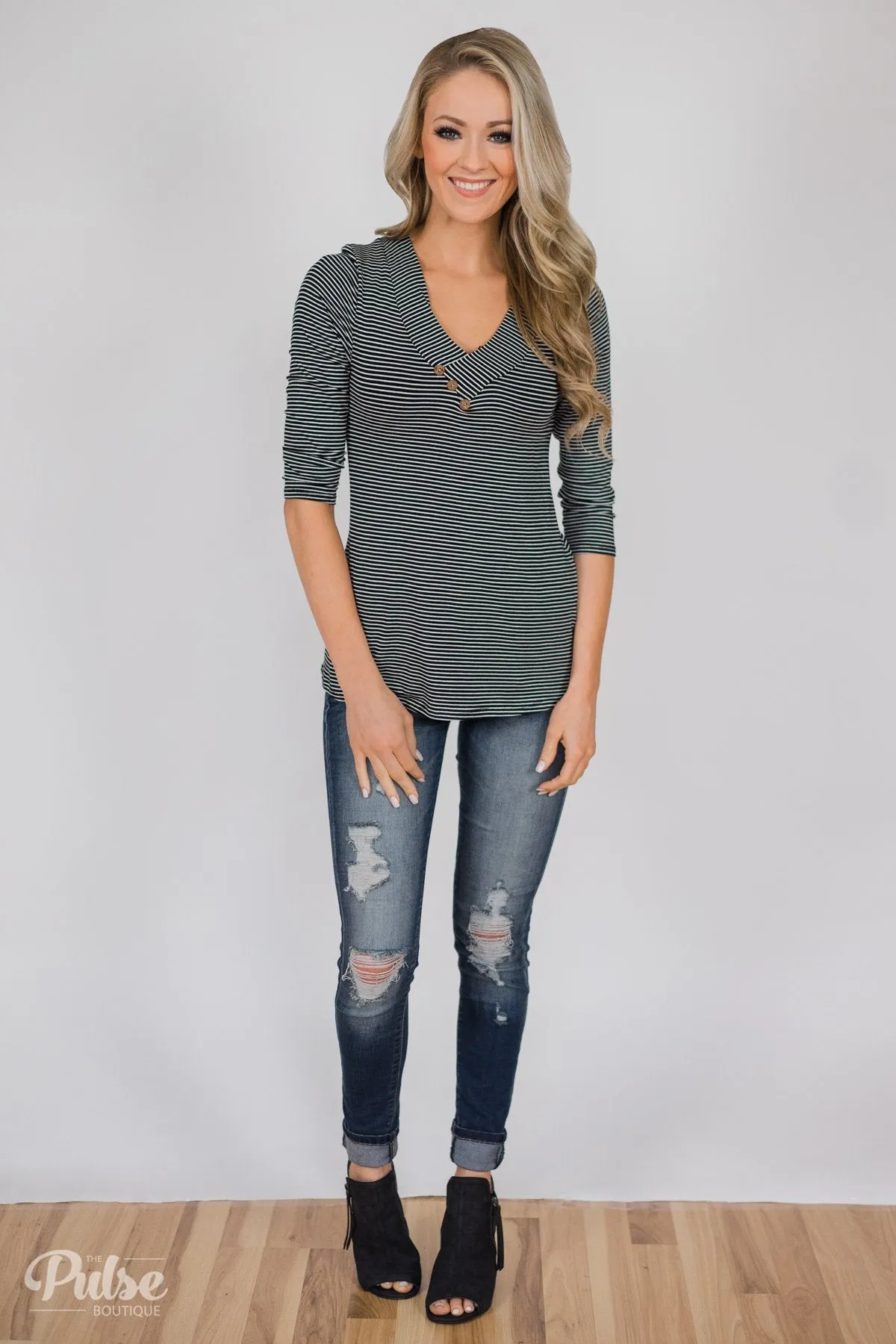 Striped Cutie 3/4 Sleeve Top- Black