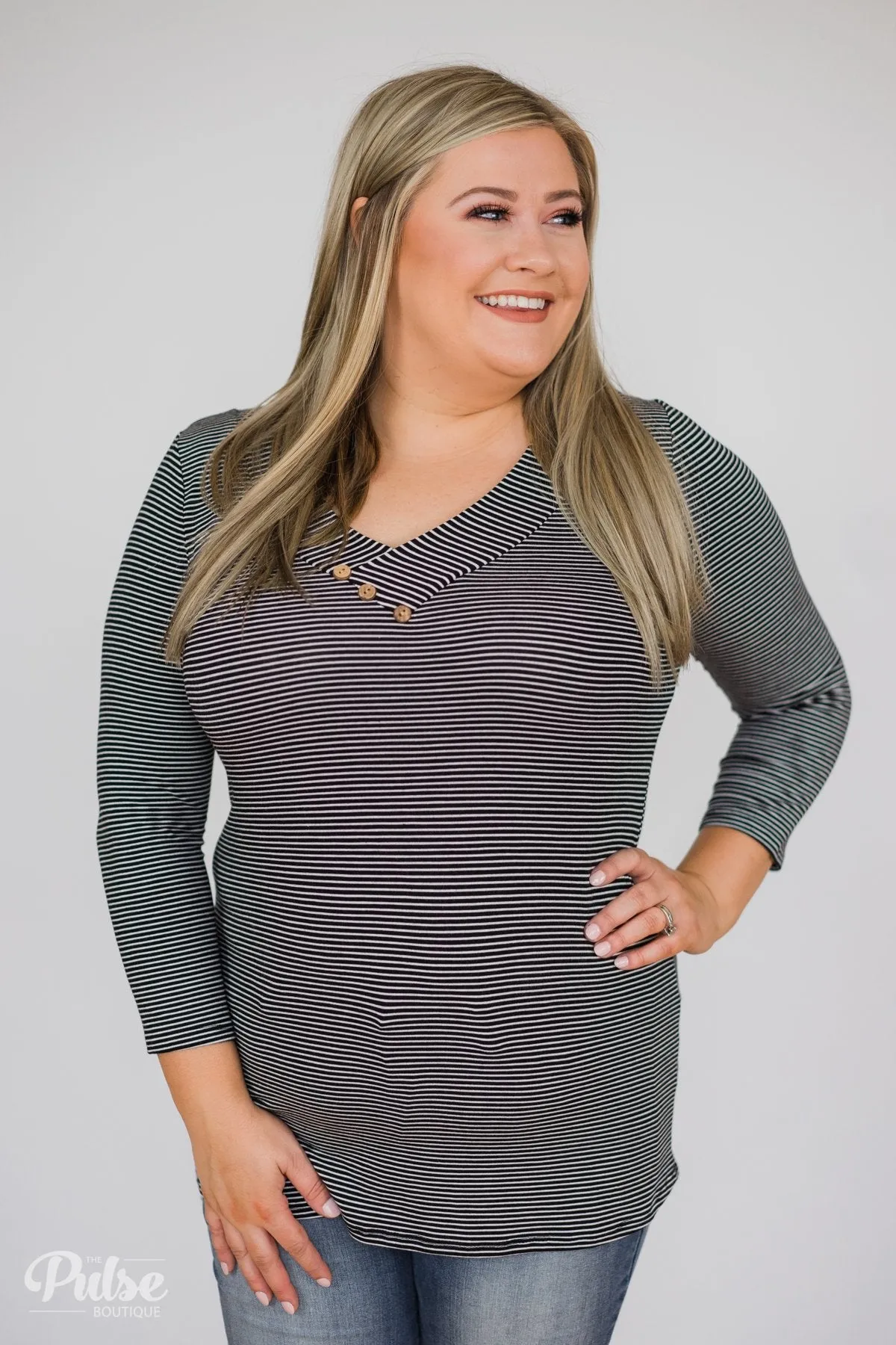 Striped Cutie 3/4 Sleeve Top- Black
