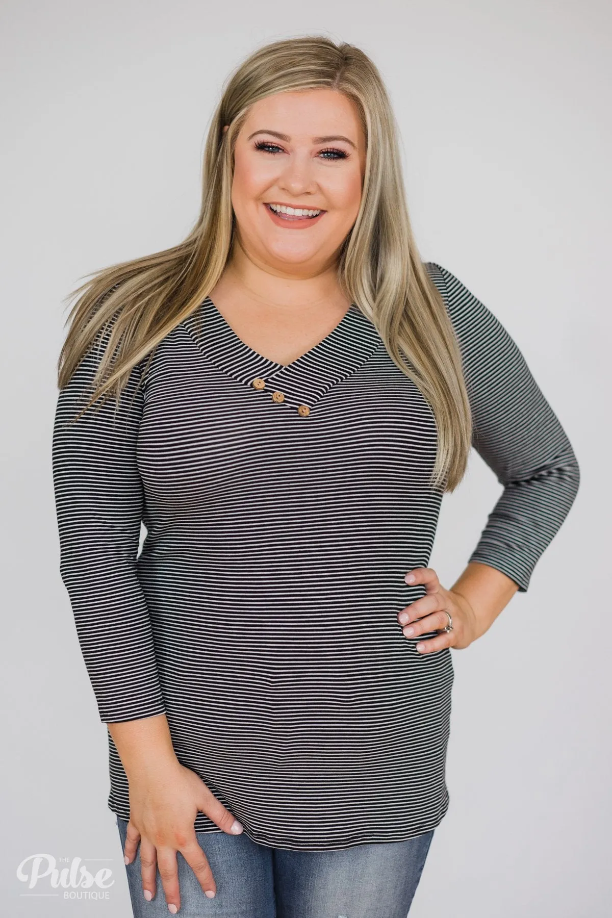 Striped Cutie 3/4 Sleeve Top- Black