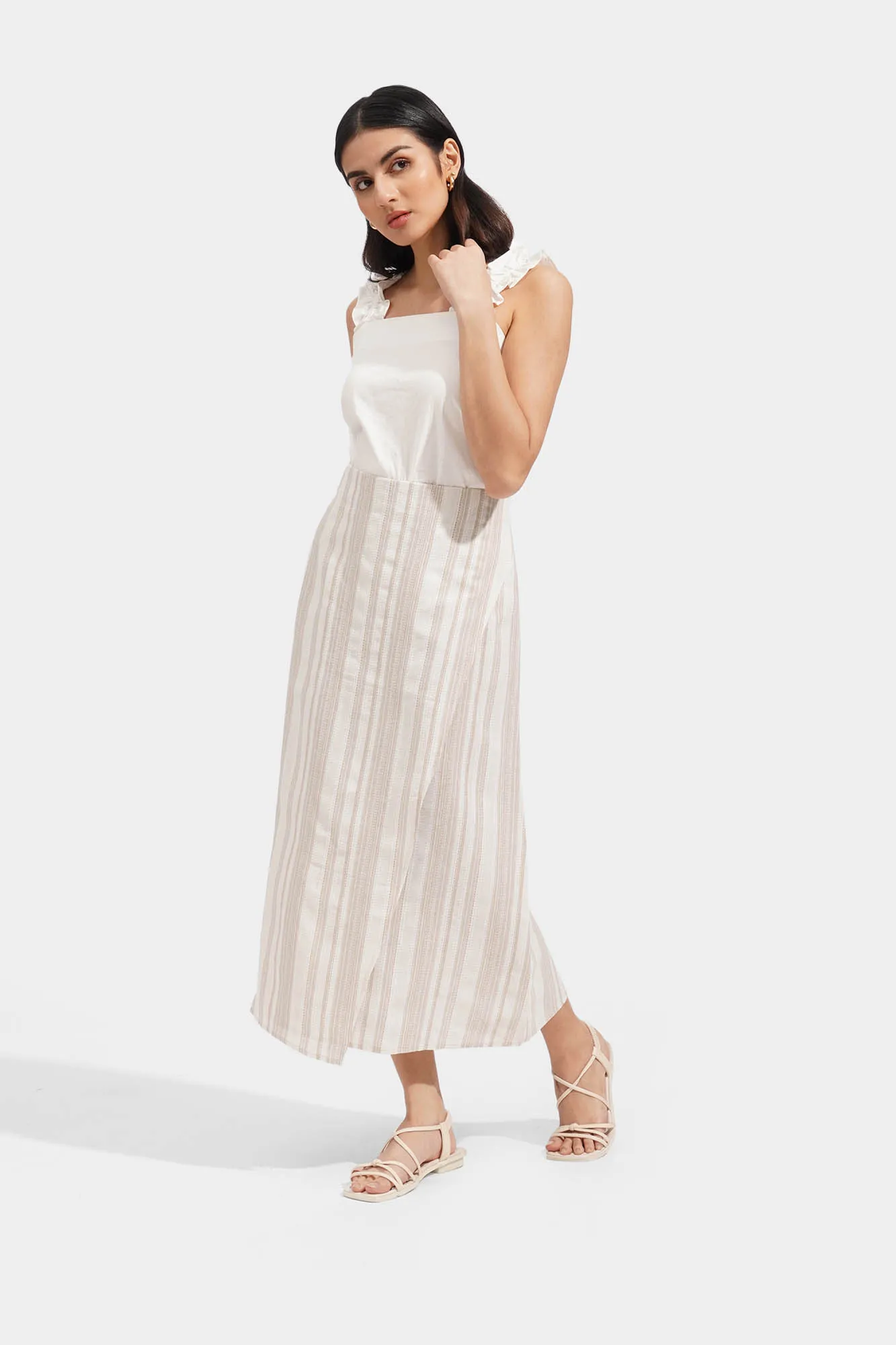 Striped Wrap Front Midi Skirt