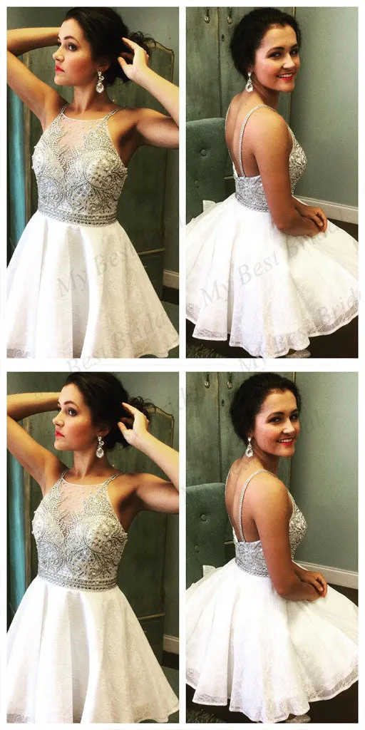Stunning White A-line Lace Homecoming Dresses With Beading ,Short Prom Dresses,BDY0165