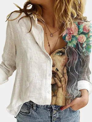 Stylish Asymmetric Floral Printed Lapel Long Sleeves Blouse Tops