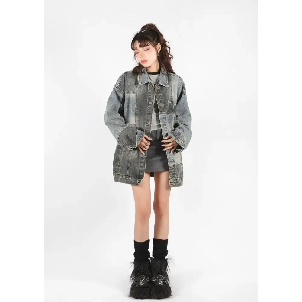 Stylish Oversized Denim Jacket in Unique Patchwork Design