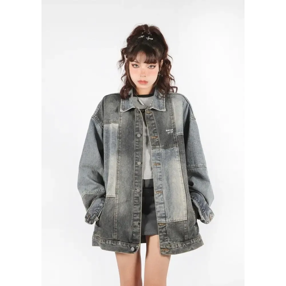 Stylish Oversized Denim Jacket in Unique Patchwork Design