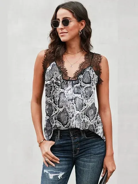Summer Casual Printing Lace Trim Sleeveless V-Neck Tank Tops