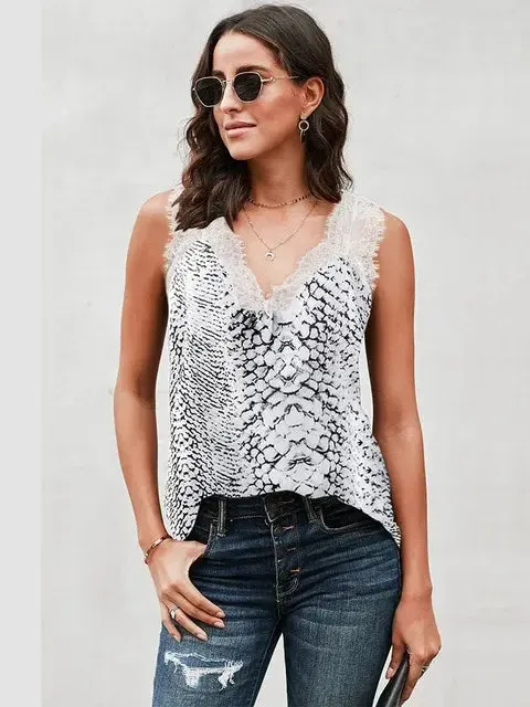 Summer Casual Printing Lace Trim Sleeveless V-Neck Tank Tops