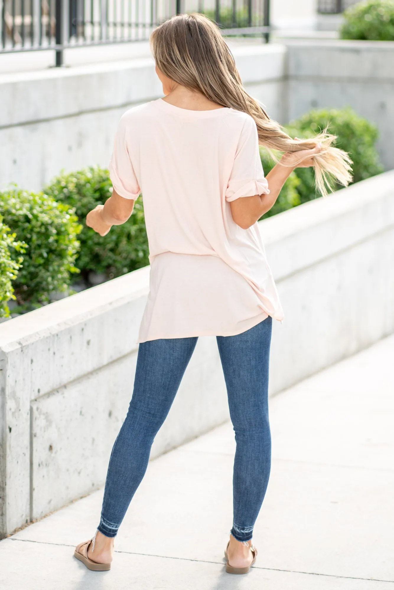 Super Soft Tee High Low Hem V Neck Top - Light Peach
