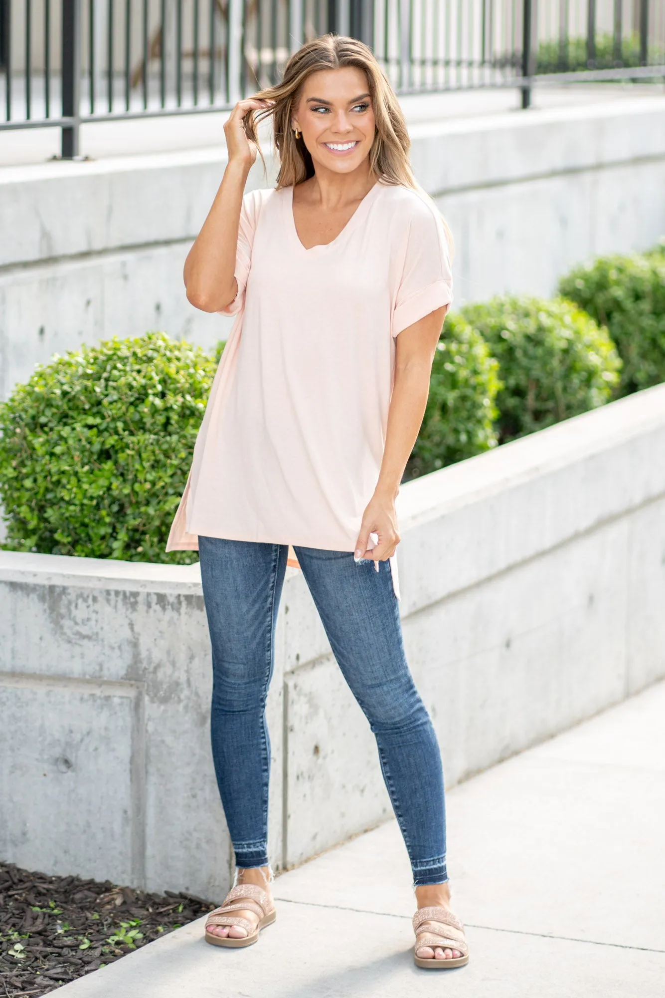 Super Soft Tee High Low Hem V Neck Top - Light Peach