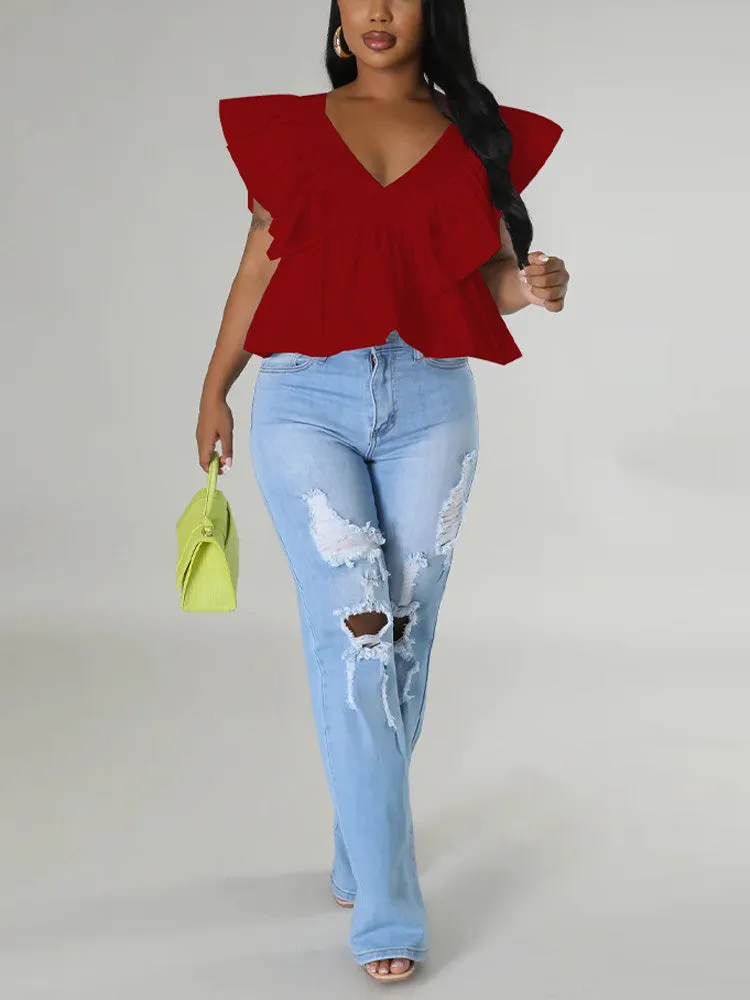 Sweet Printed Flounce V Neck Top