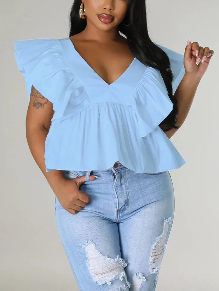 Sweet Printed Flounce V Neck Top