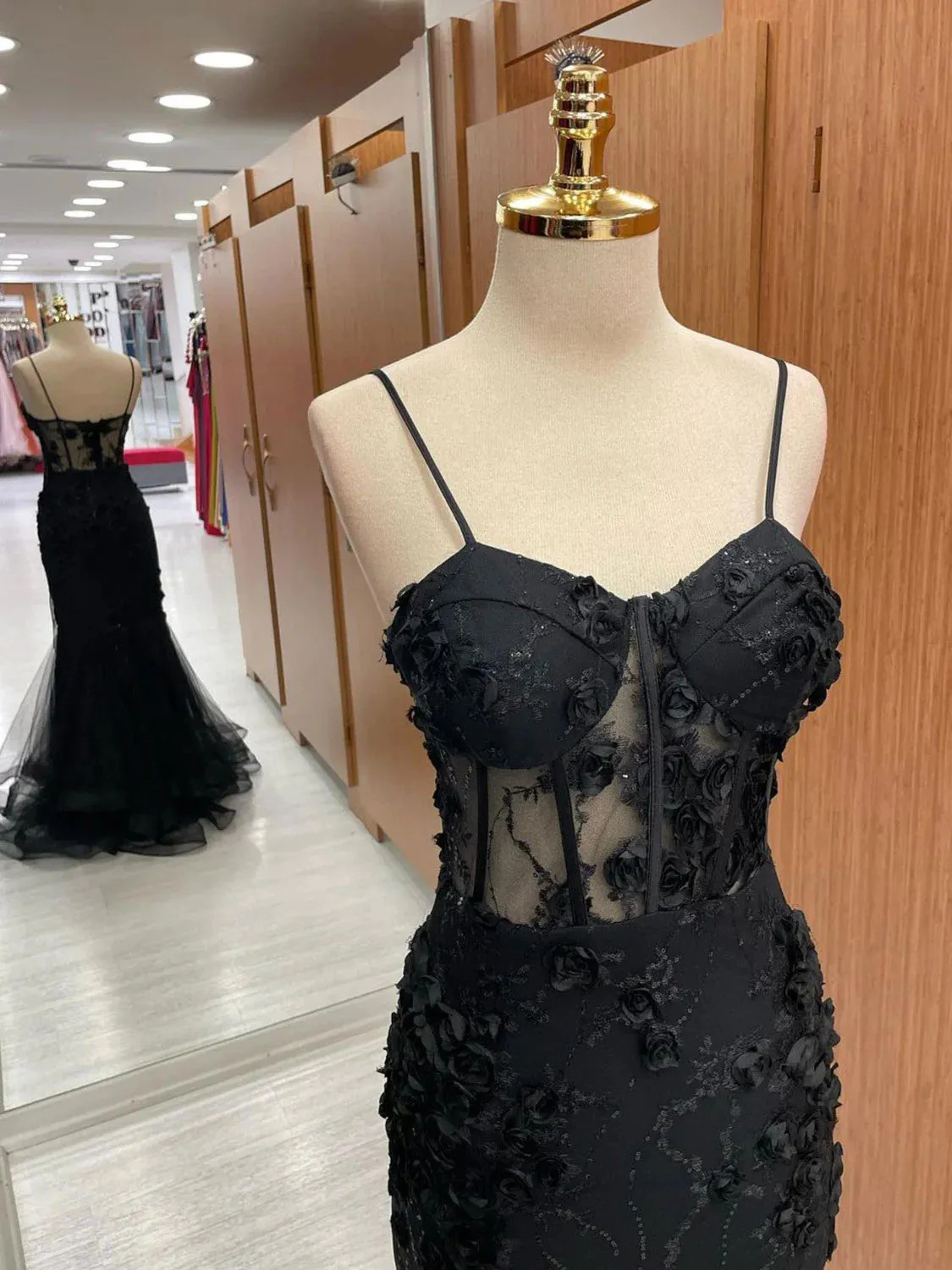 Sweetheart Neck Mermaid Black Lace Tulle Long Prom Dresses, Black Lace Mermaid Formal Evening Dresses