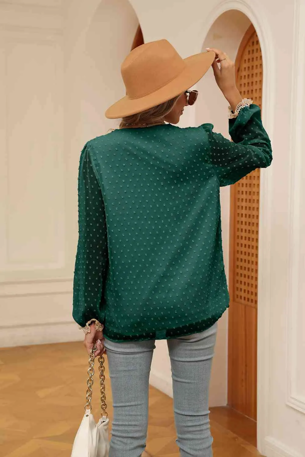 Swiss Dot Contrast V-Neck Blouse (6 Colors)