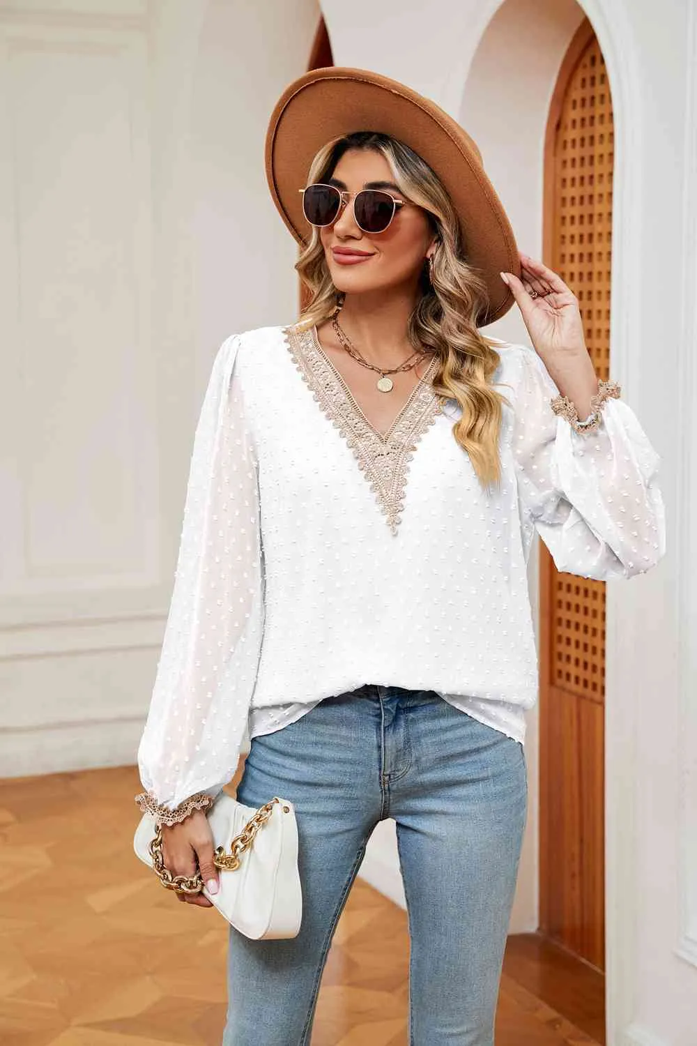 Swiss Dot Contrast V-Neck Blouse (6 Colors)