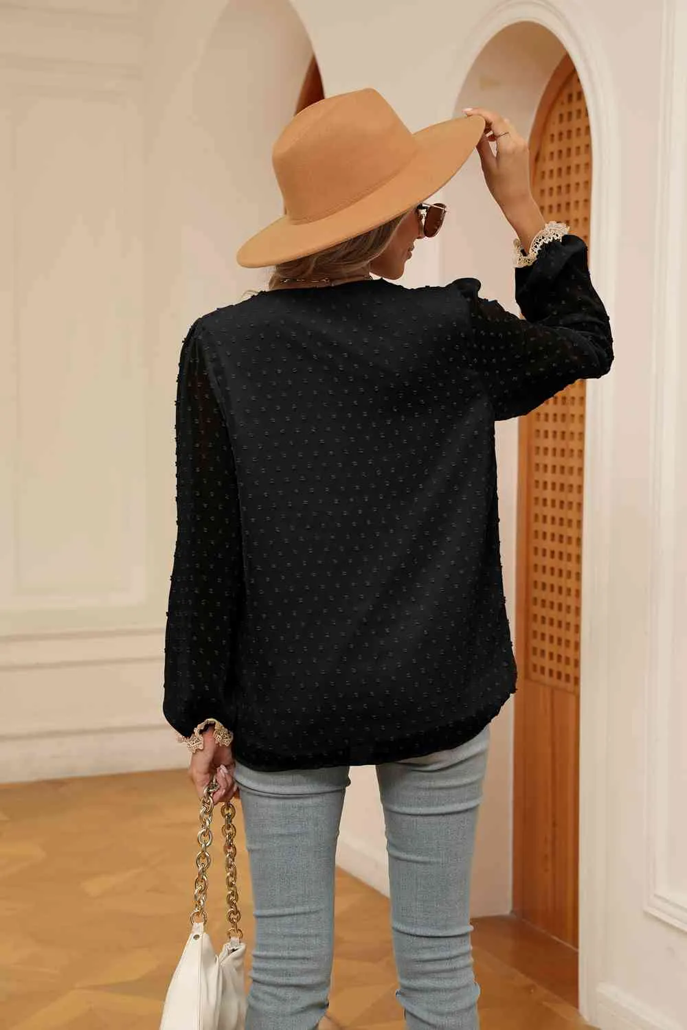 Swiss Dot Contrast V-Neck Blouse (6 Colors)