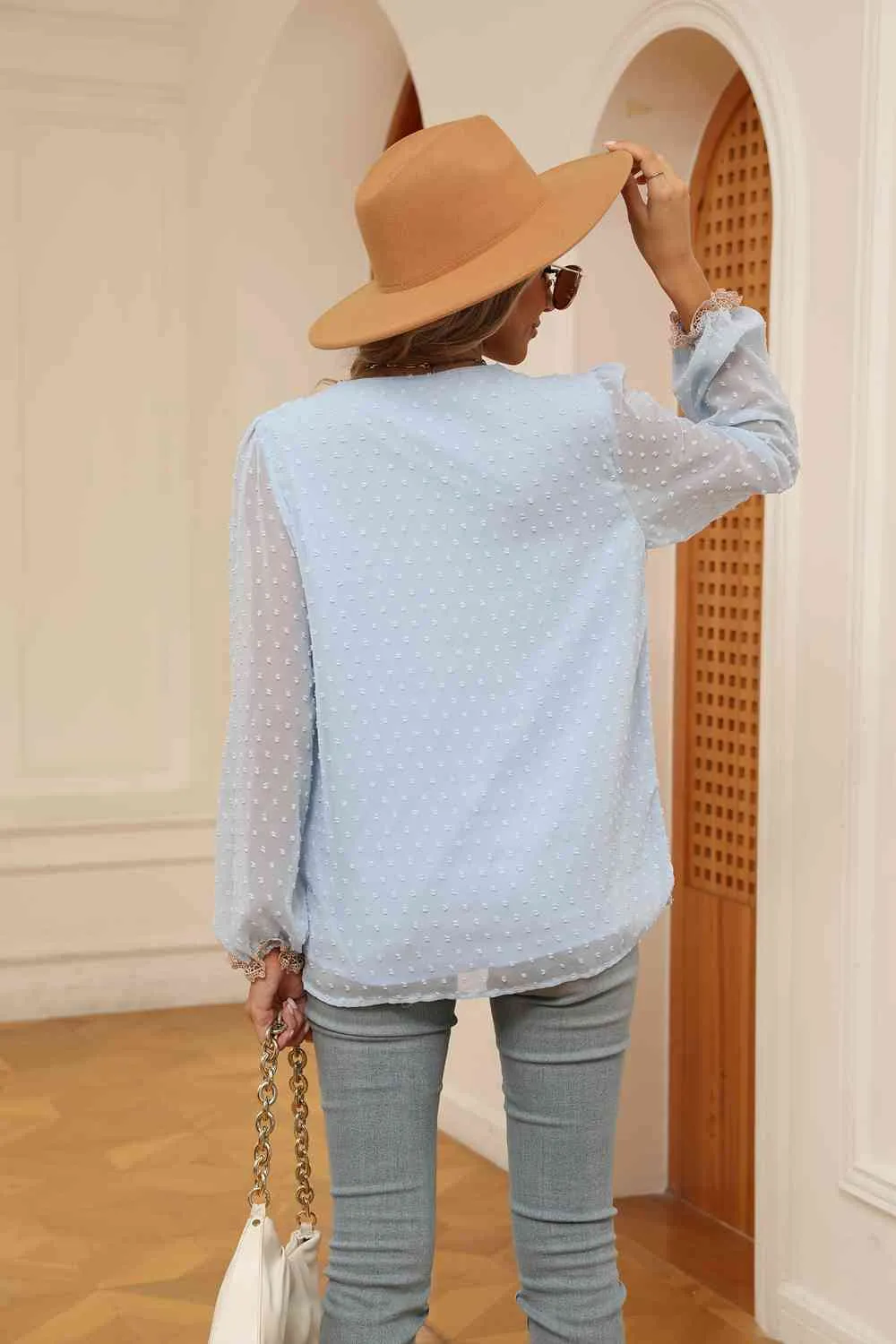 Swiss Dot Contrast V-Neck Blouse (6 Colors)