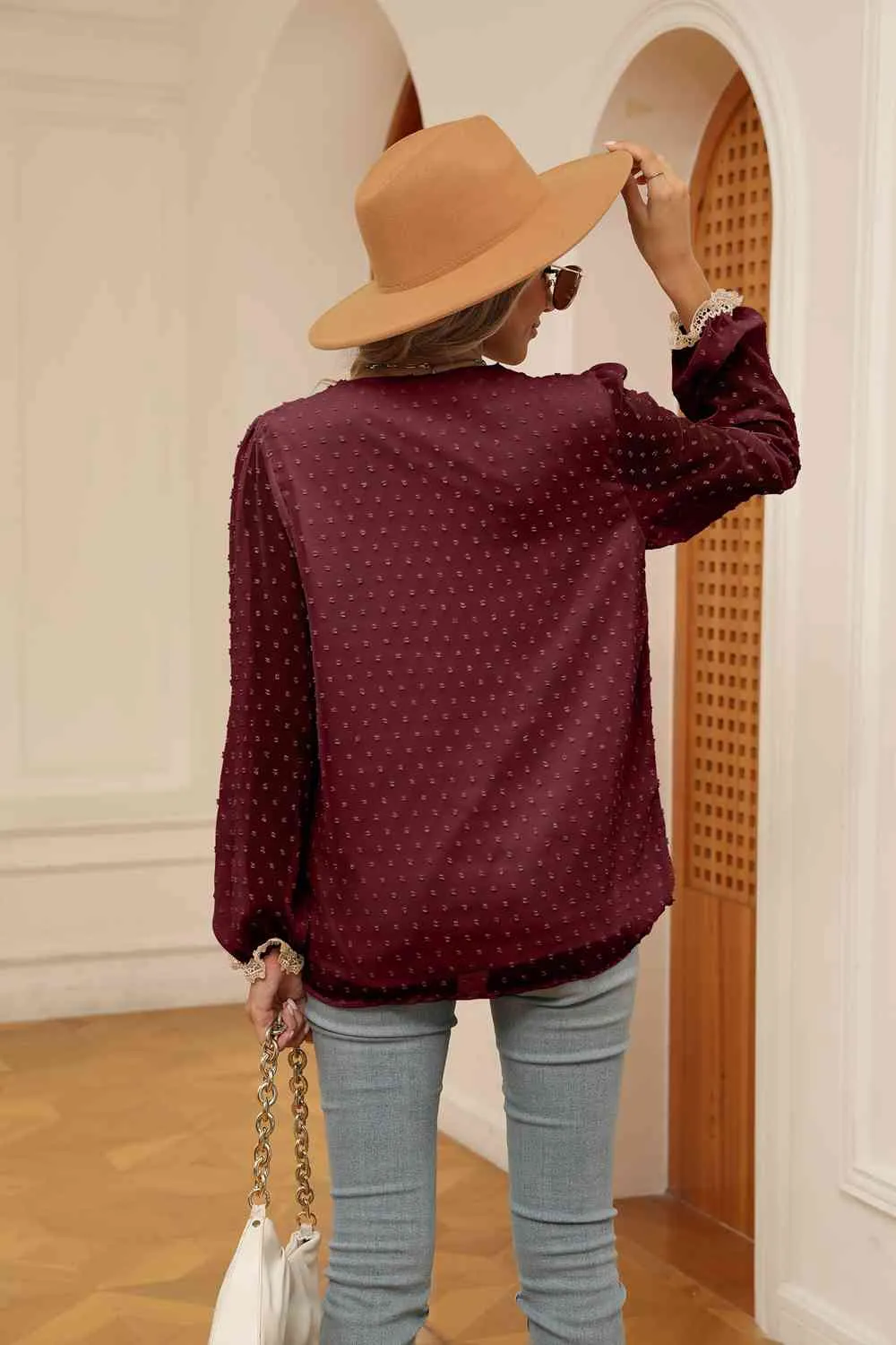 Swiss Dot Contrast V-Neck Blouse (6 Colors)
