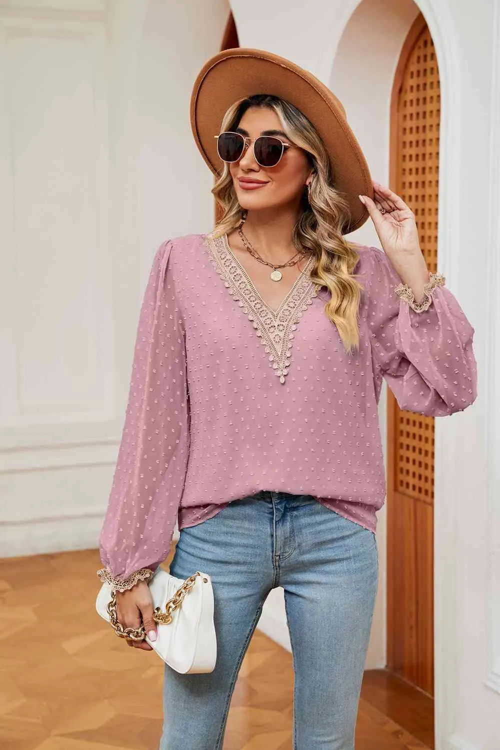 Swiss Dot Contrast V-Neck Blouse (6 Colors)