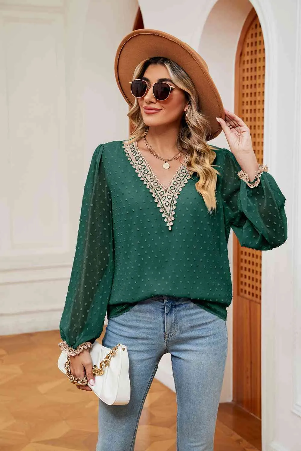 Swiss Dot Contrast V-Neck Blouse (6 Colors)