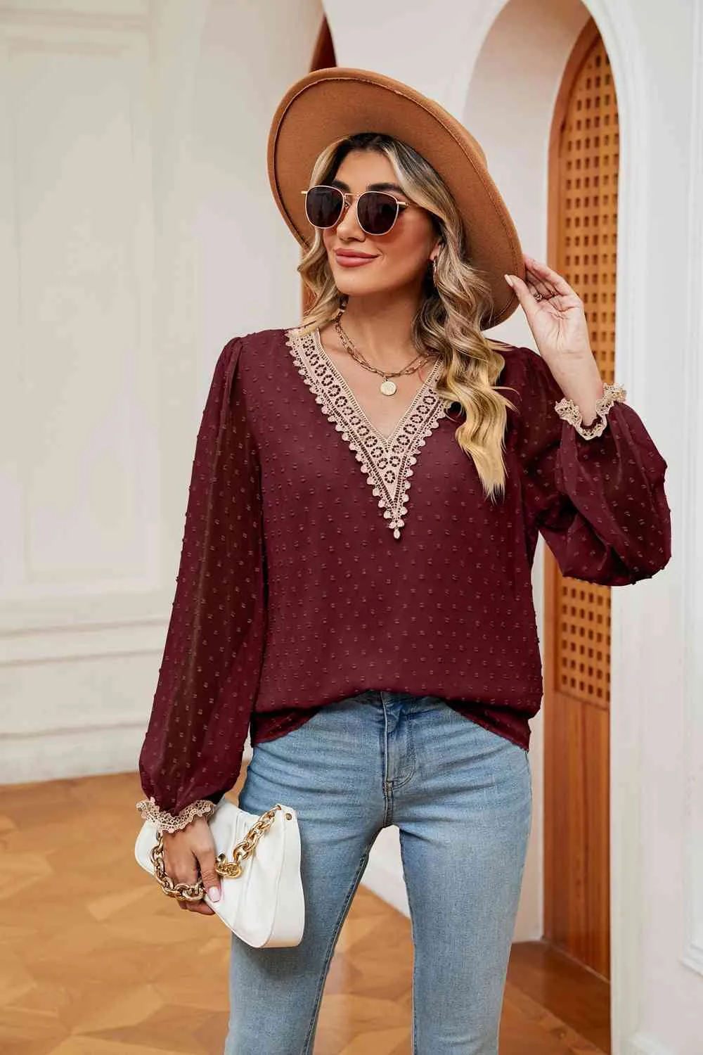Swiss Dot Contrast V-Neck Blouse (6 Colors)
