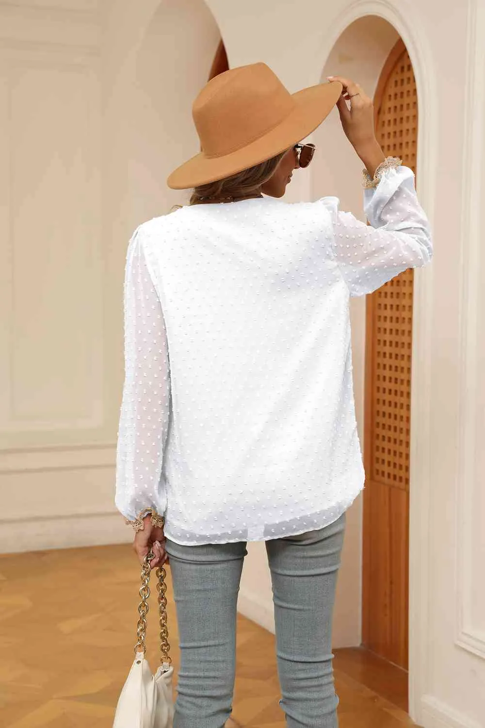 Swiss Dot Contrast V-Neck Blouse (6 Colors)