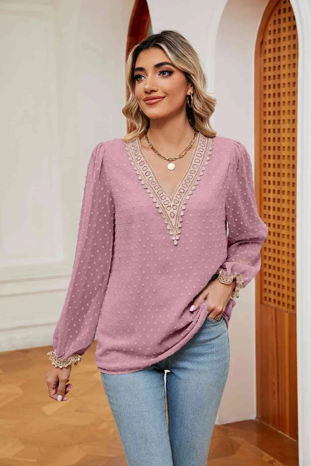 Swiss Dot Contrast V-Neck Blouse (6 Colors)