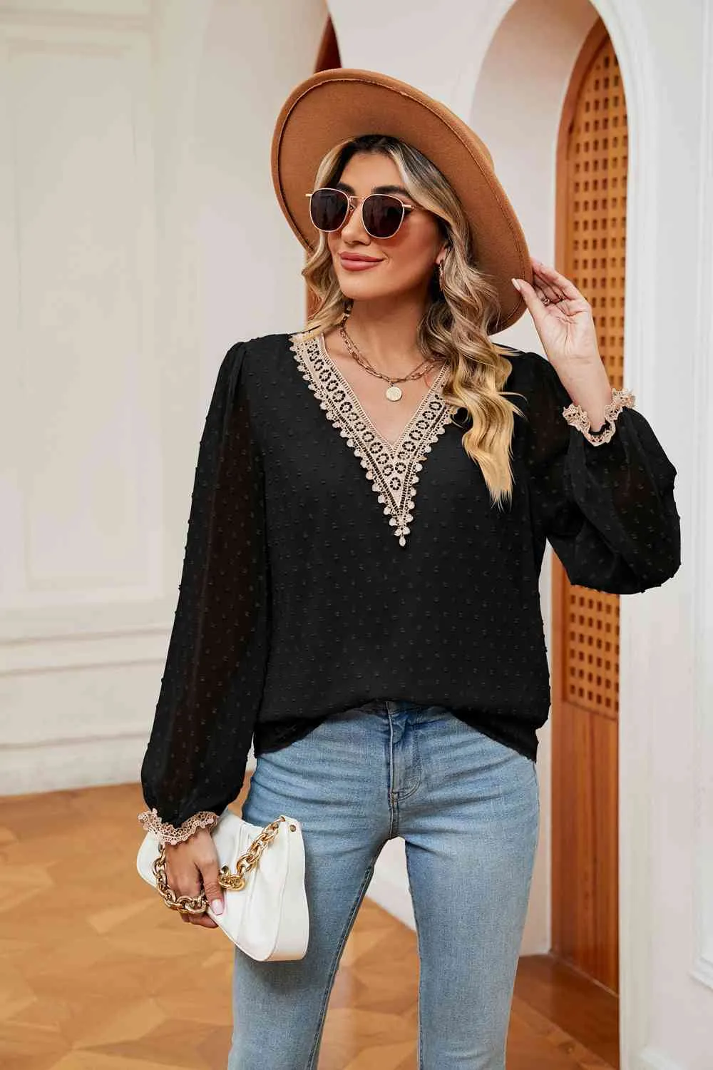 Swiss Dot Contrast V-Neck Blouse (6 Colors)
