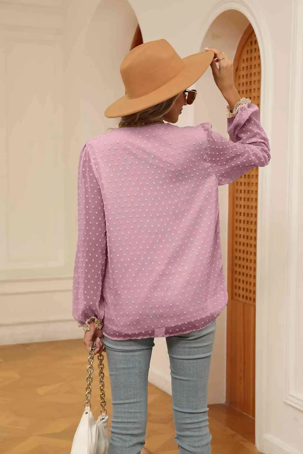 Swiss Dot Contrast V-Neck Blouse (6 Colors)