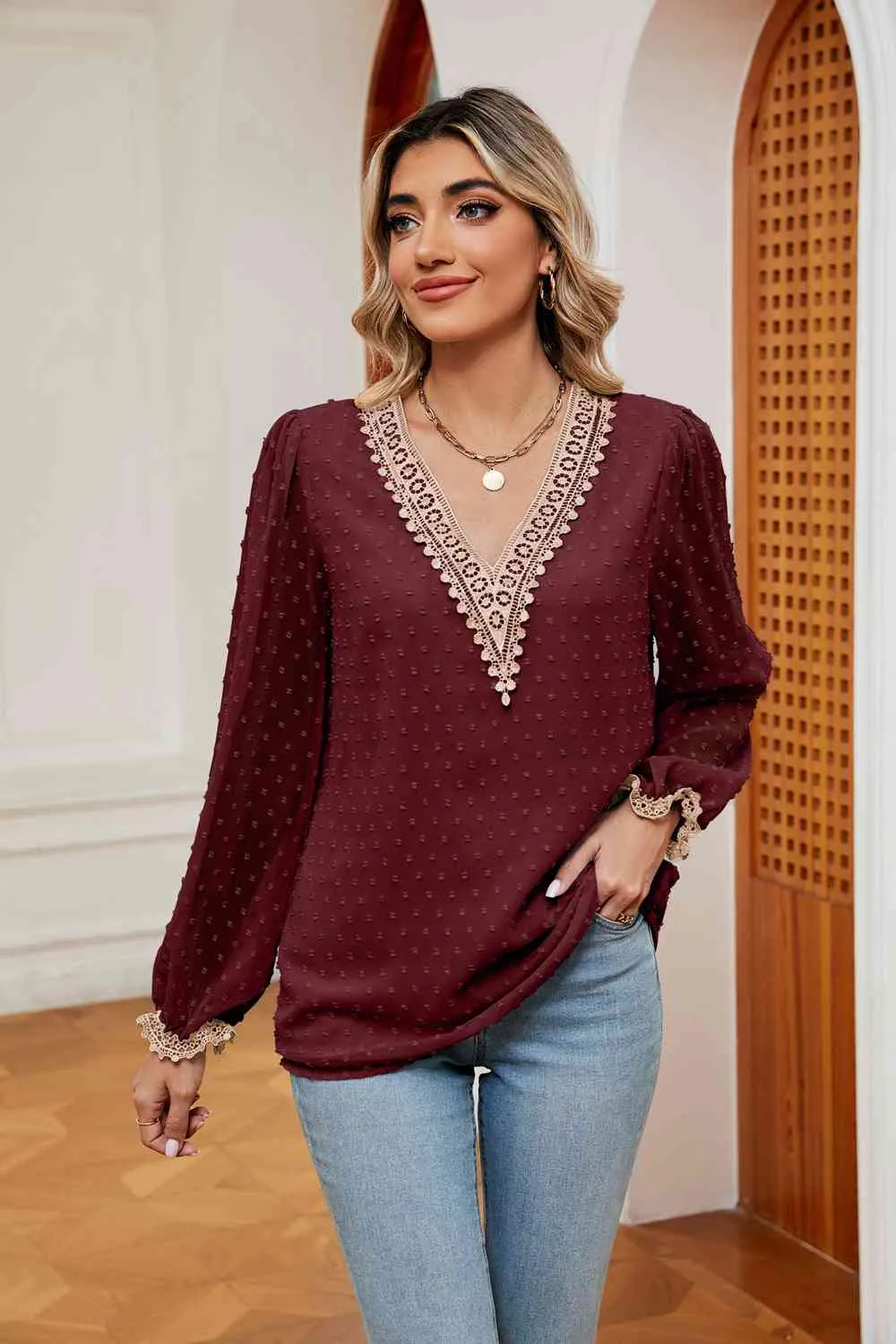 Swiss Dot Contrast V-Neck Blouse (6 Colors)
