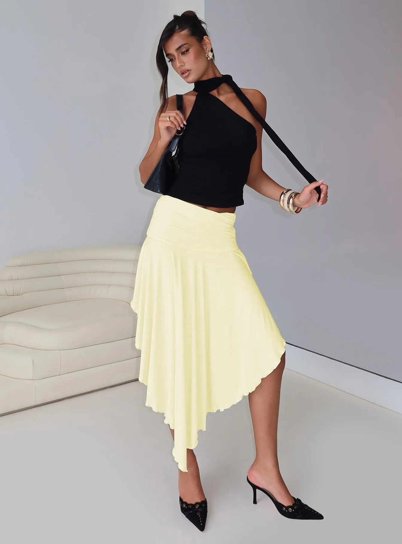 Symphonia Asymmetrical Midi Skirt Butter Yellow