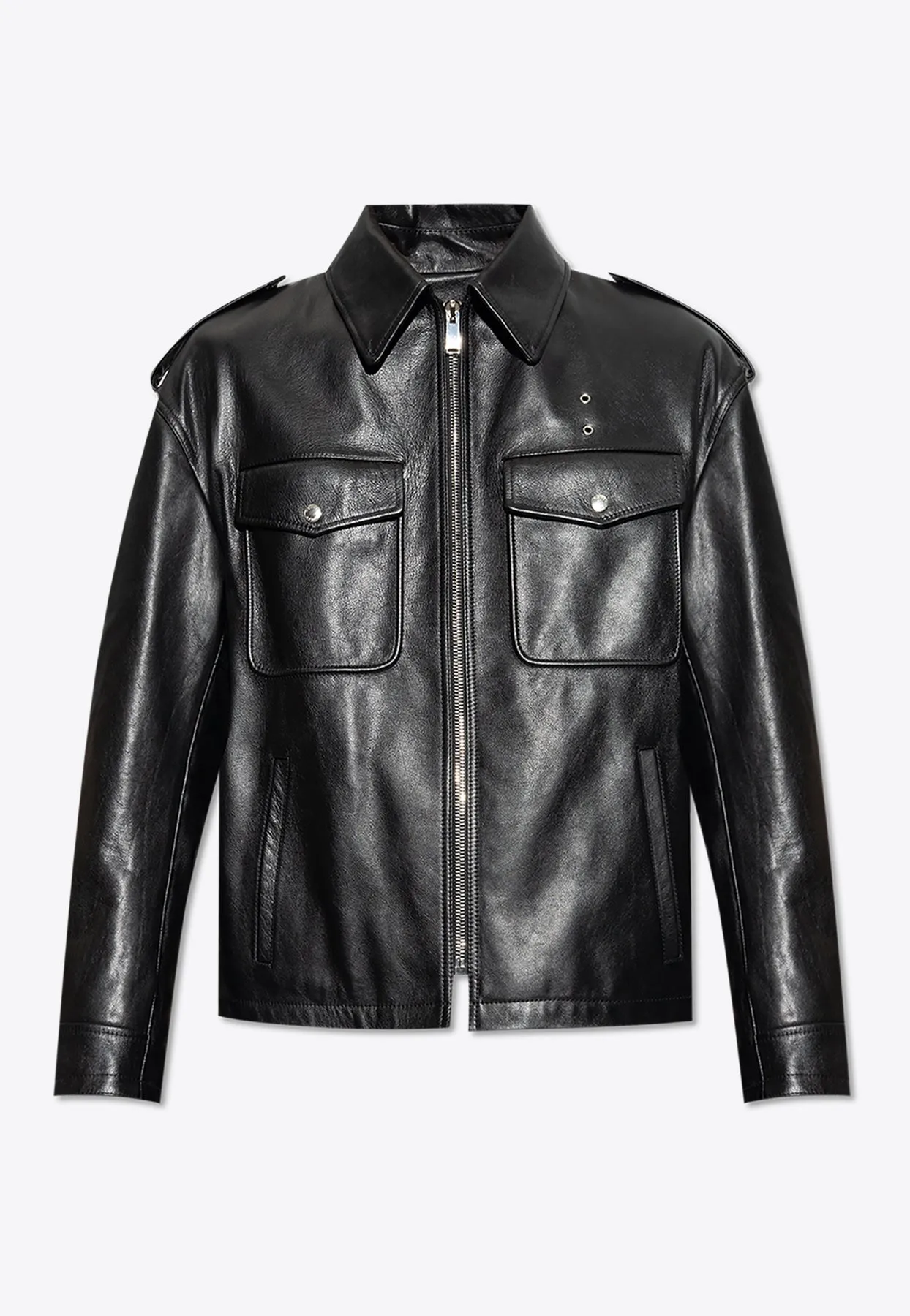 T-bar Chain Zip-Up Leather Jacket