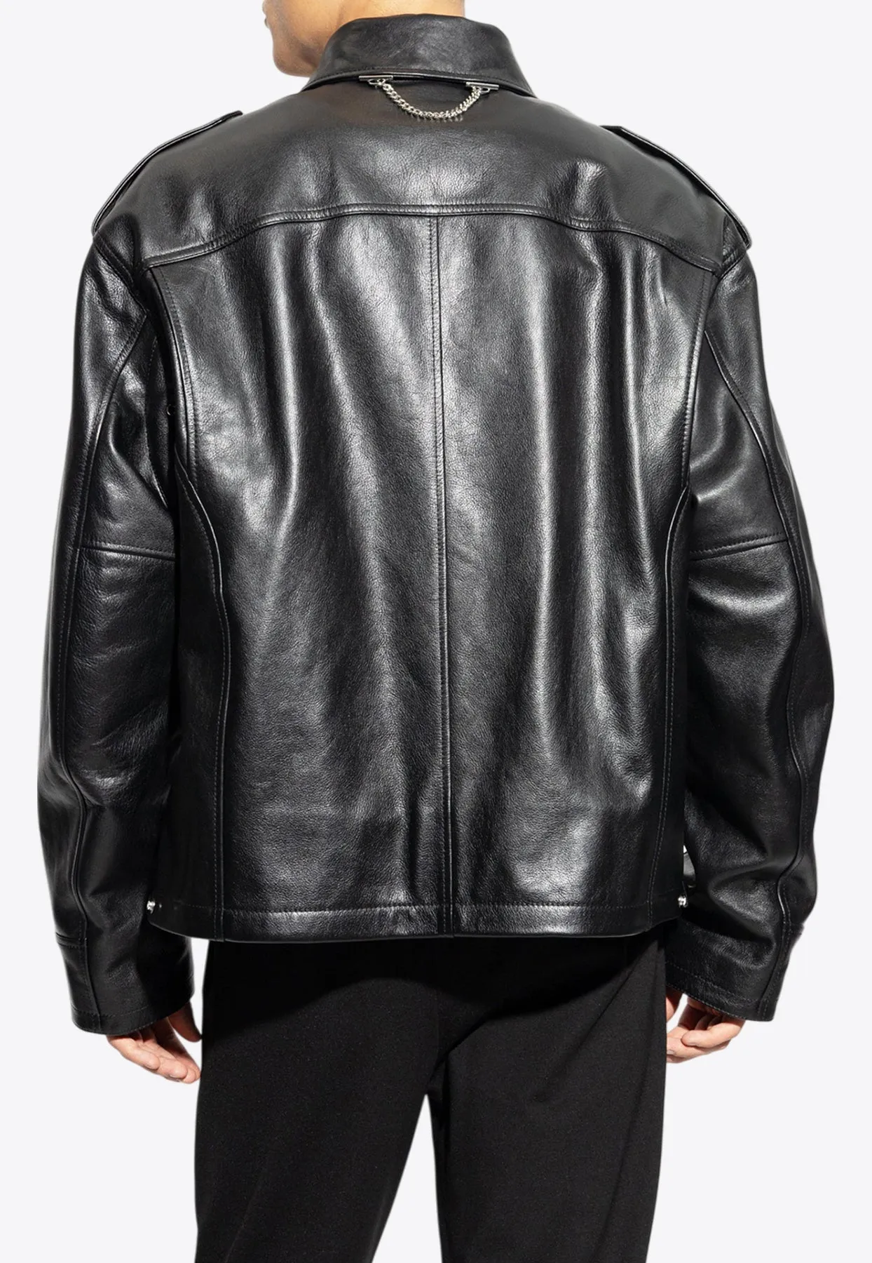 T-bar Chain Zip-Up Leather Jacket