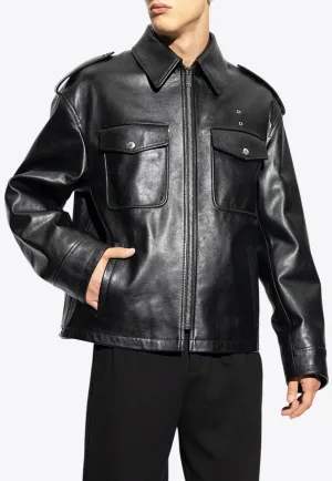 T-bar Chain Zip-Up Leather Jacket