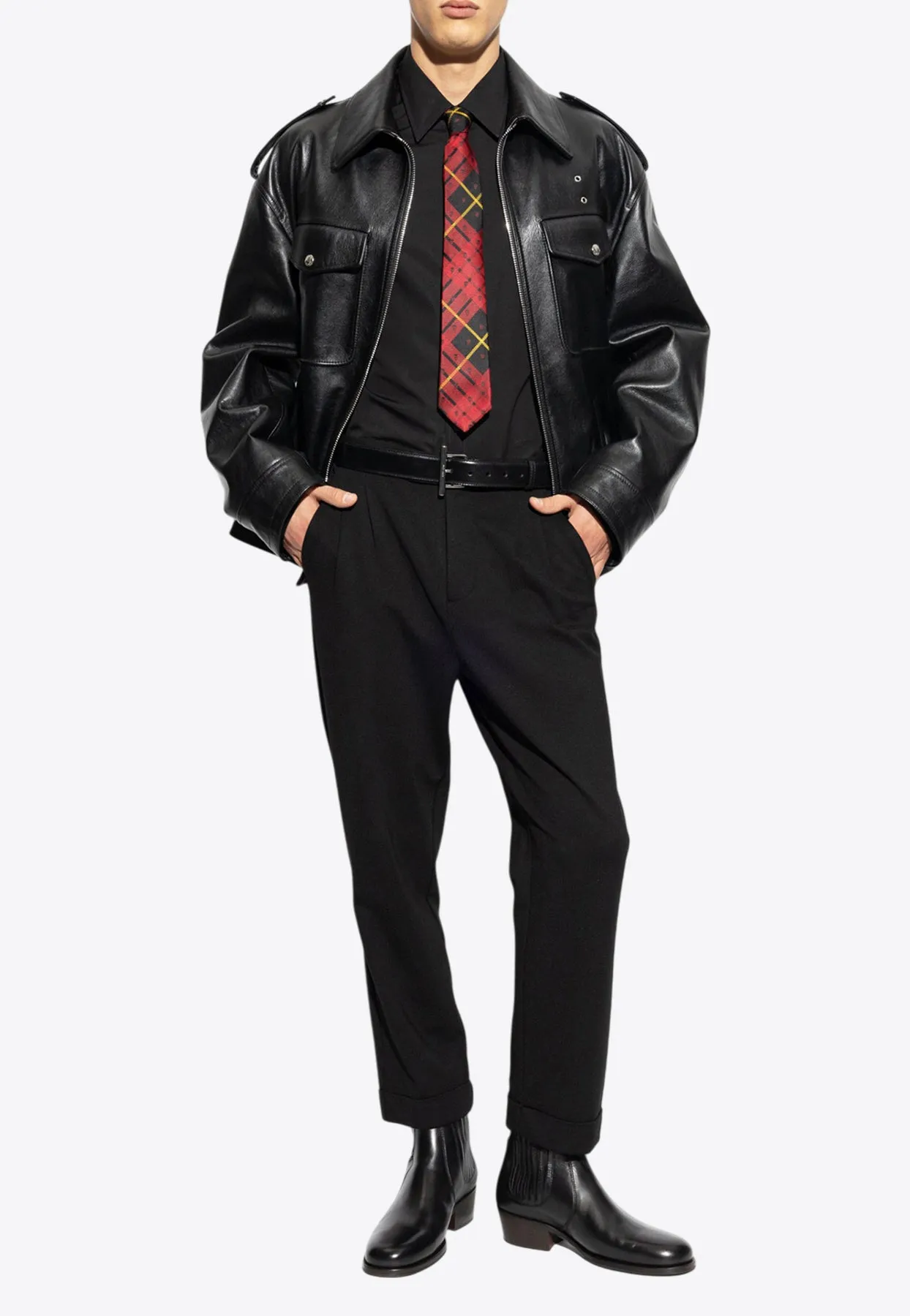 T-bar Chain Zip-Up Leather Jacket