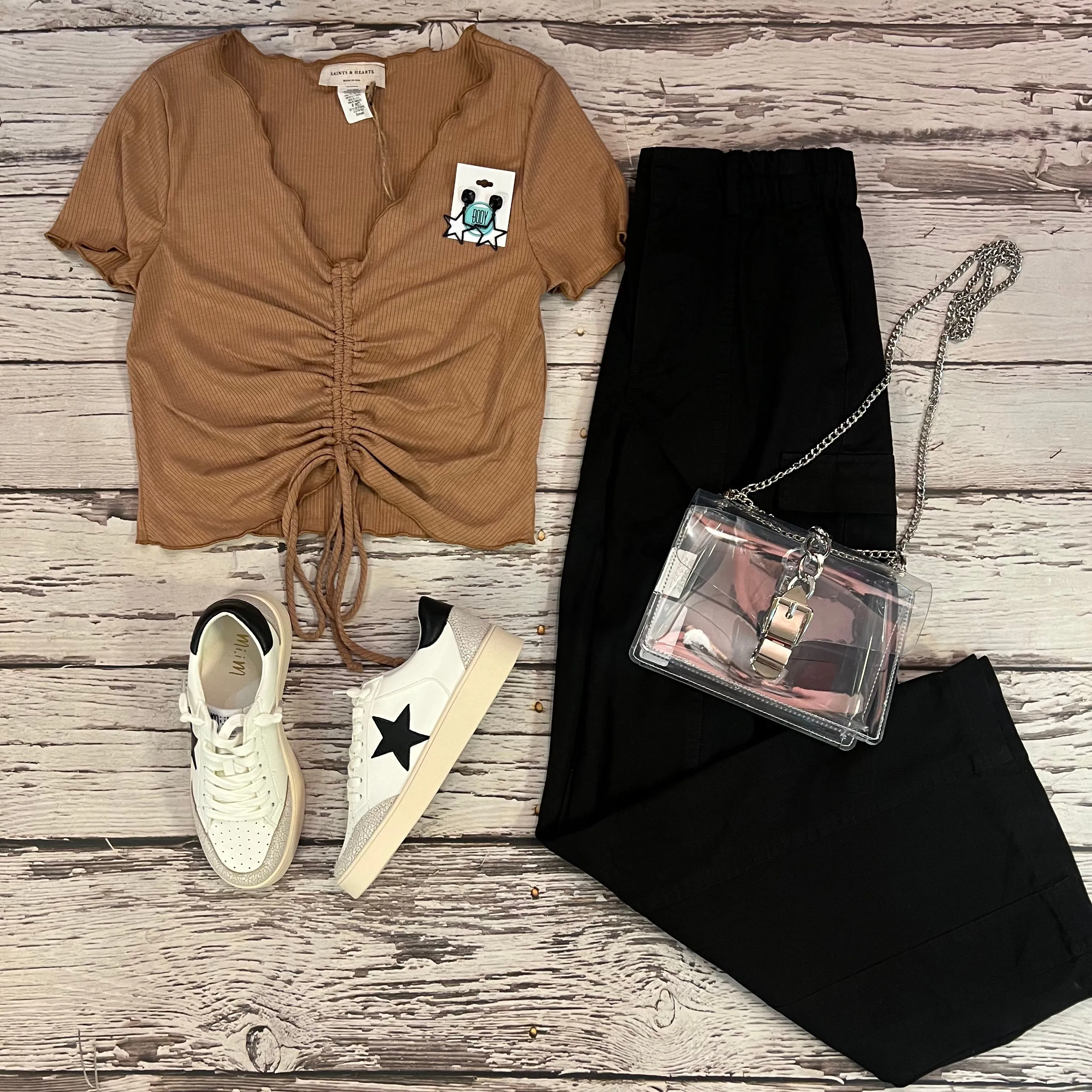 Tan Drawstring Front Top