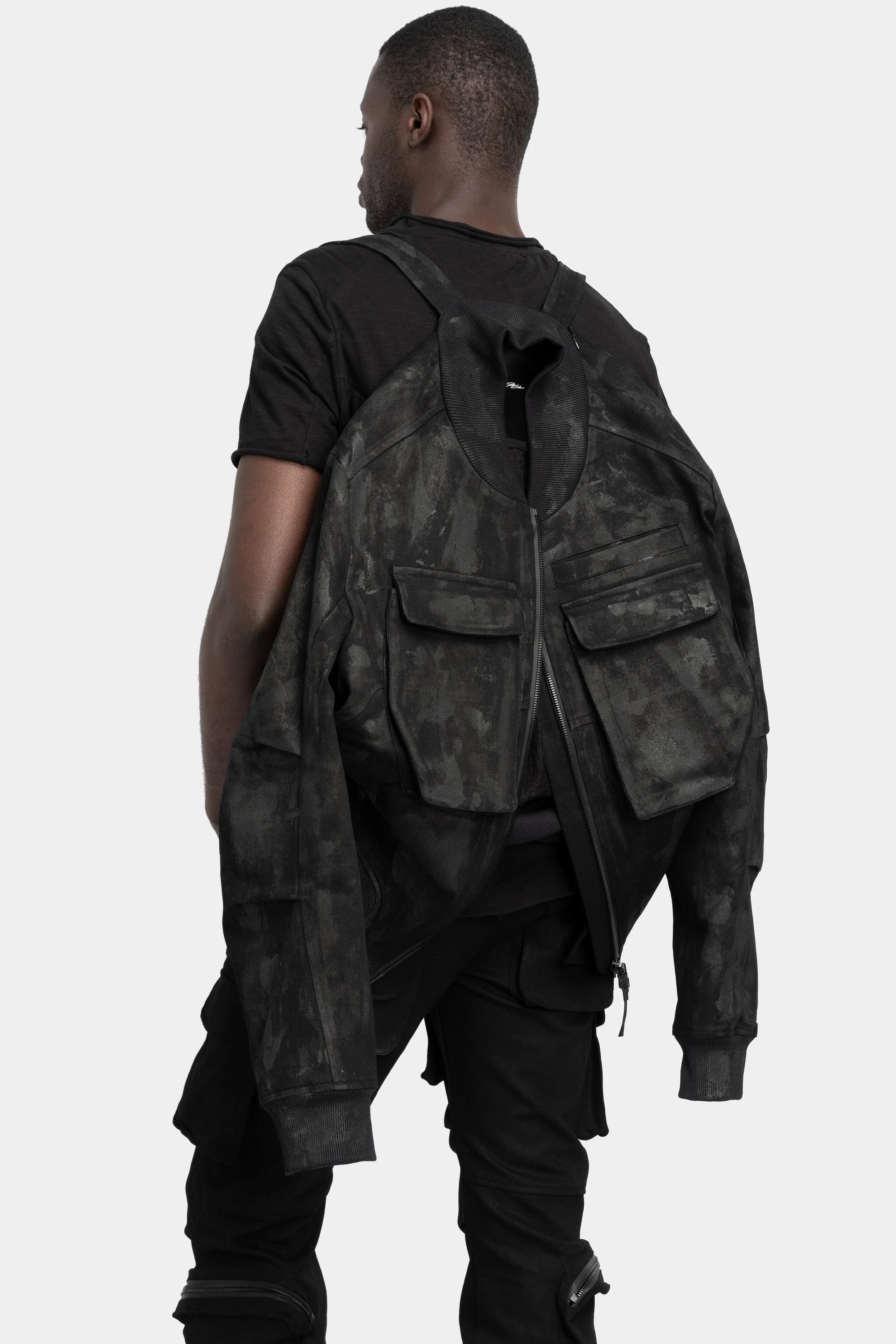 Tar coated patch pockets bomber jacket