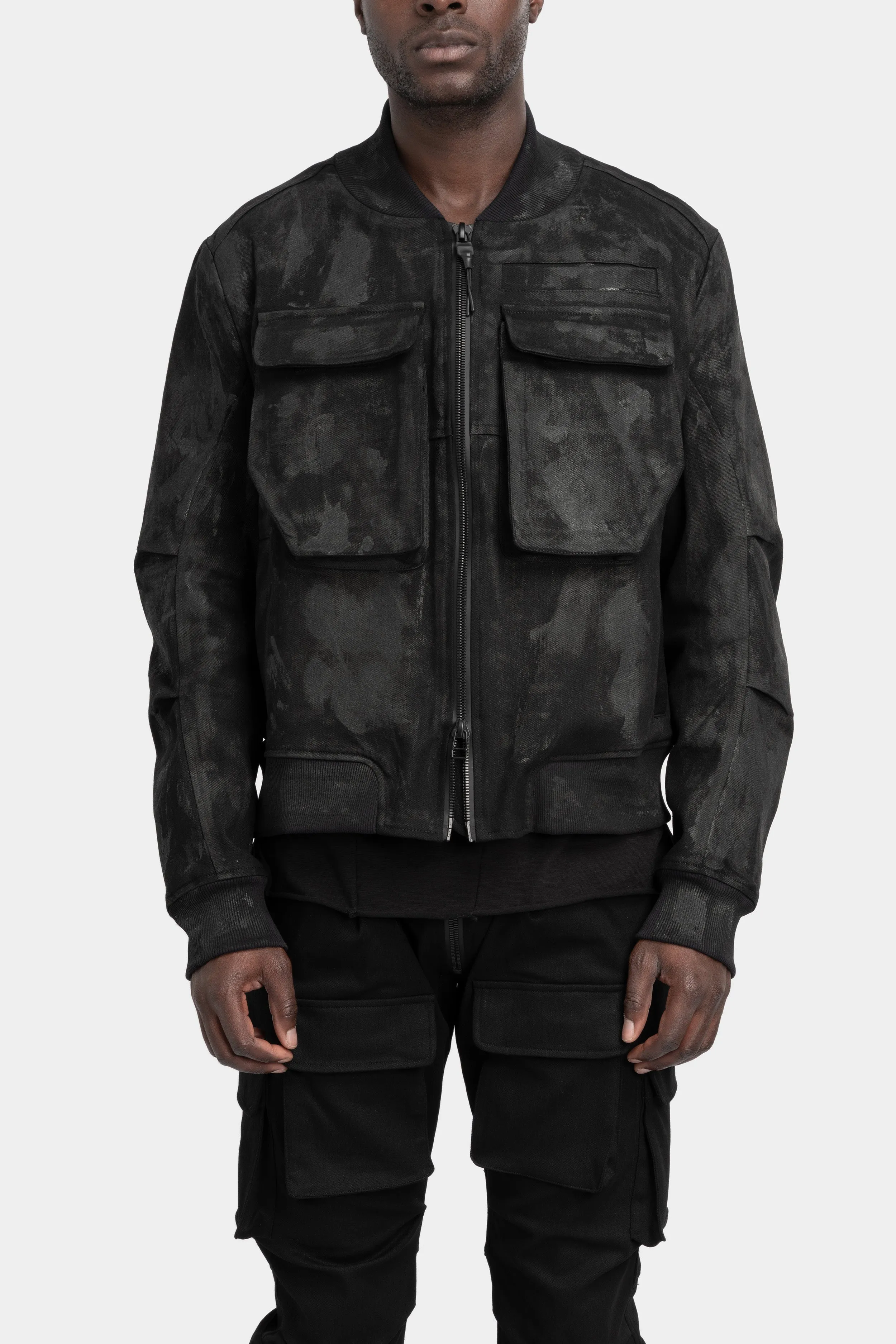 Tar coated patch pockets bomber jacket