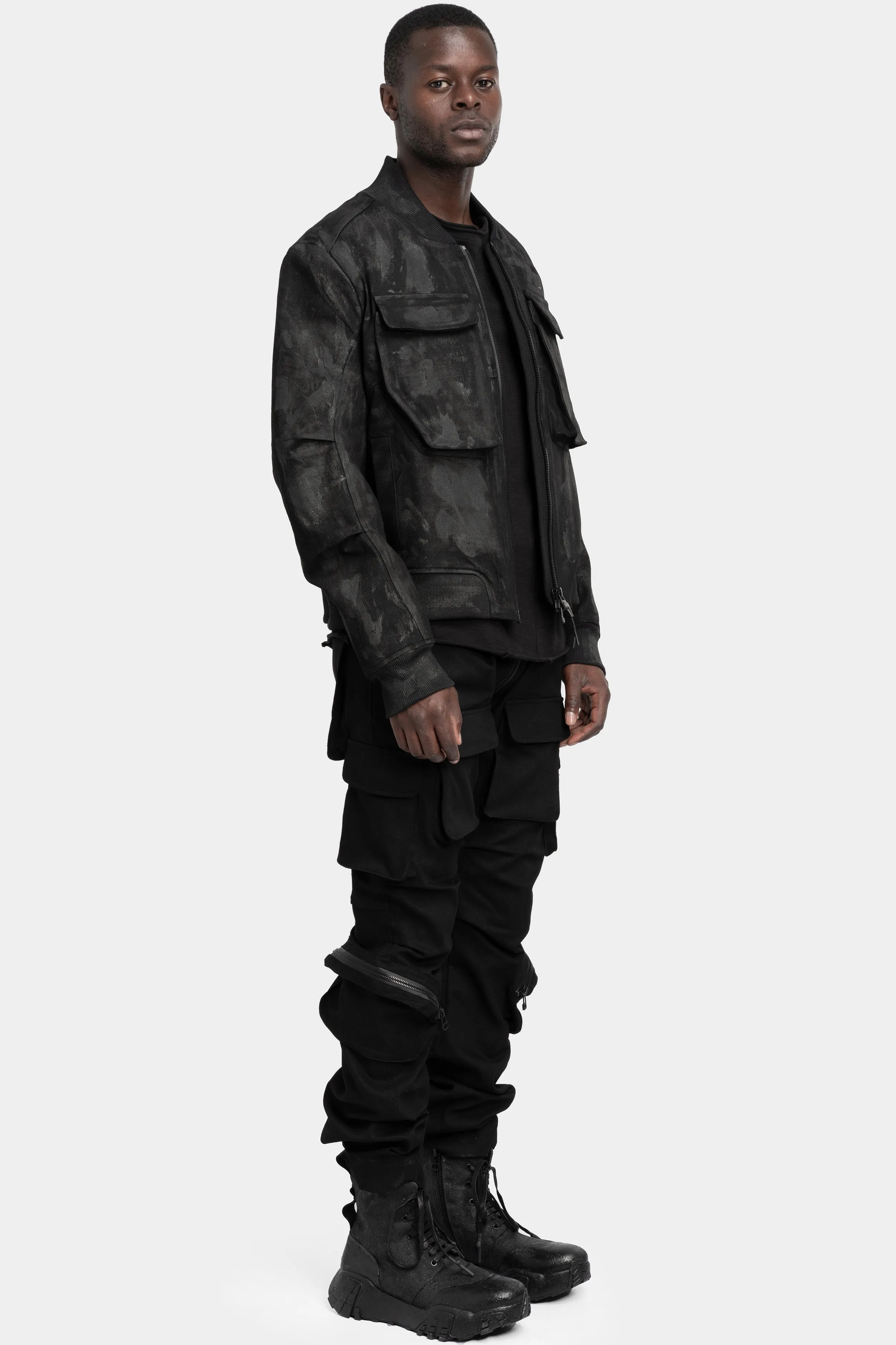 Tar coated patch pockets bomber jacket