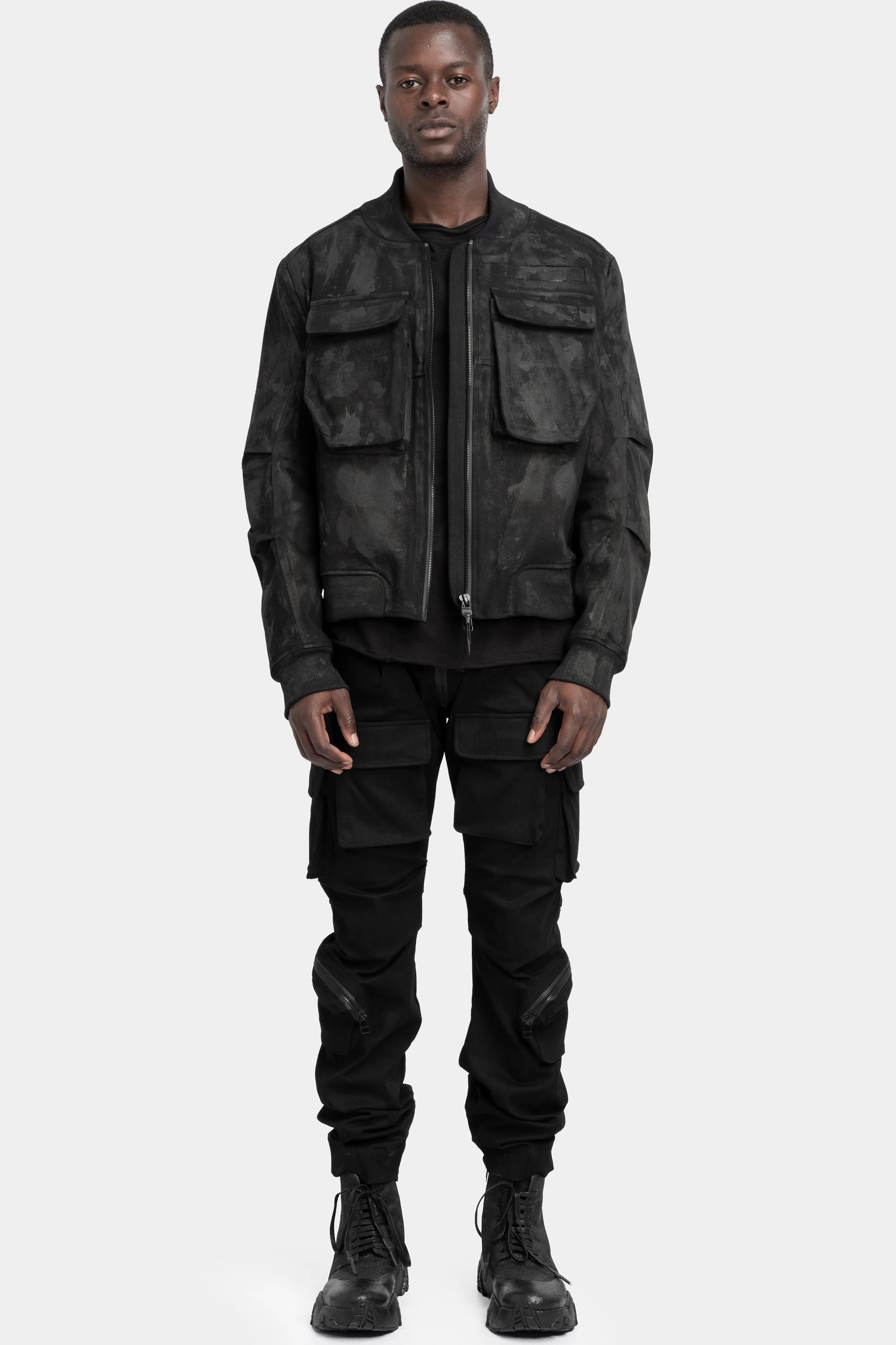 Tar coated patch pockets bomber jacket