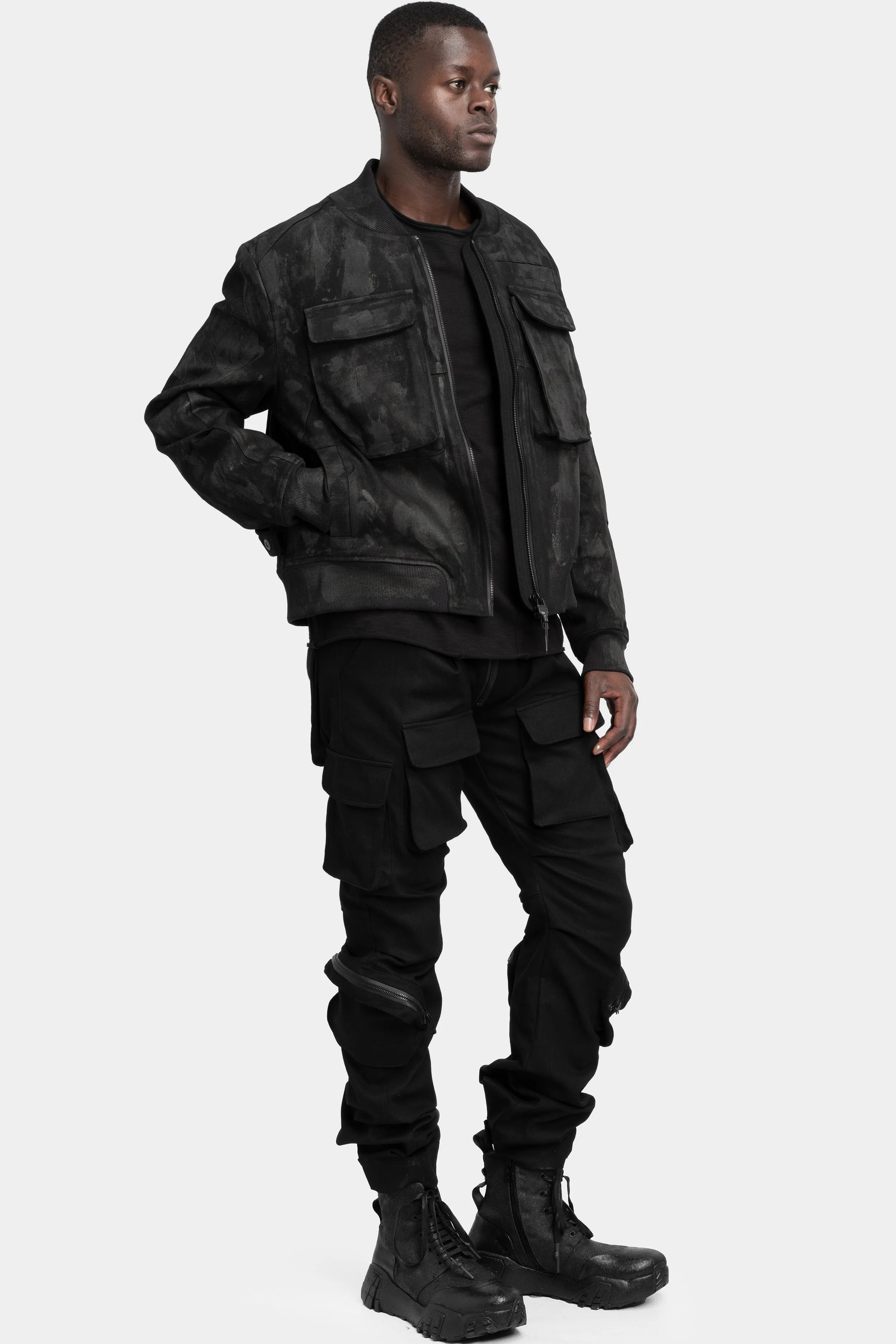 Tar coated patch pockets bomber jacket