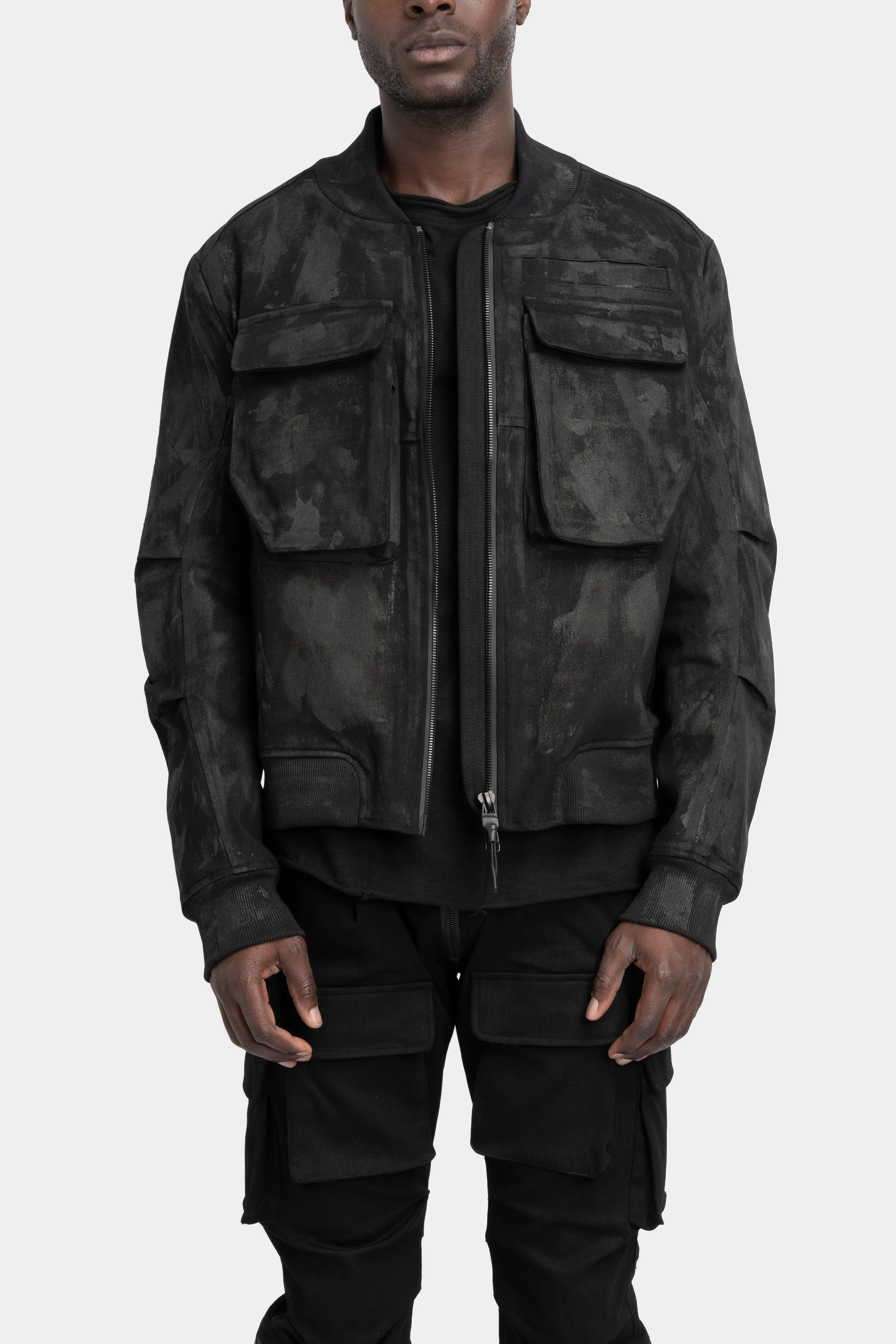 Tar coated patch pockets bomber jacket
