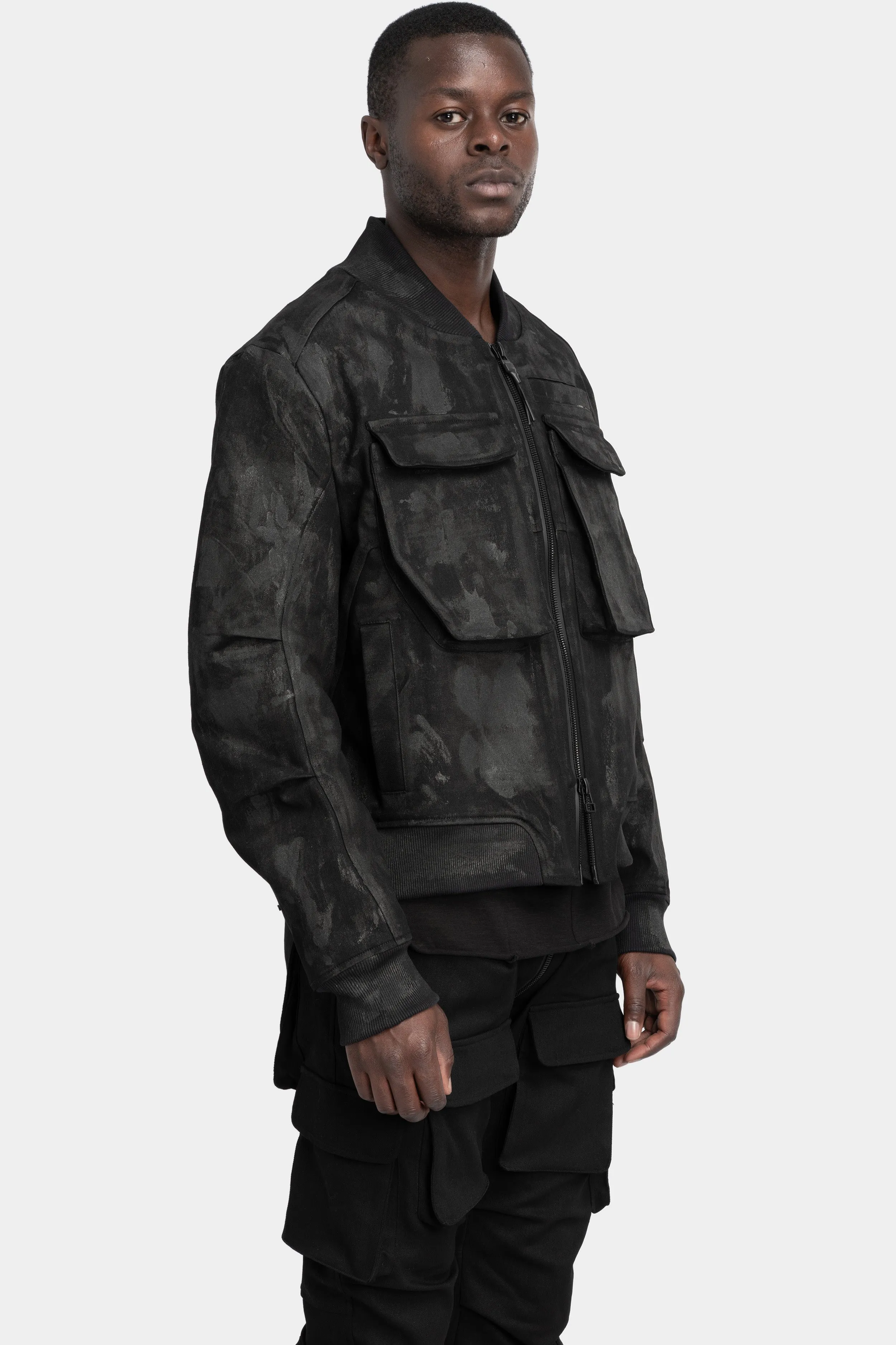 Tar coated patch pockets bomber jacket