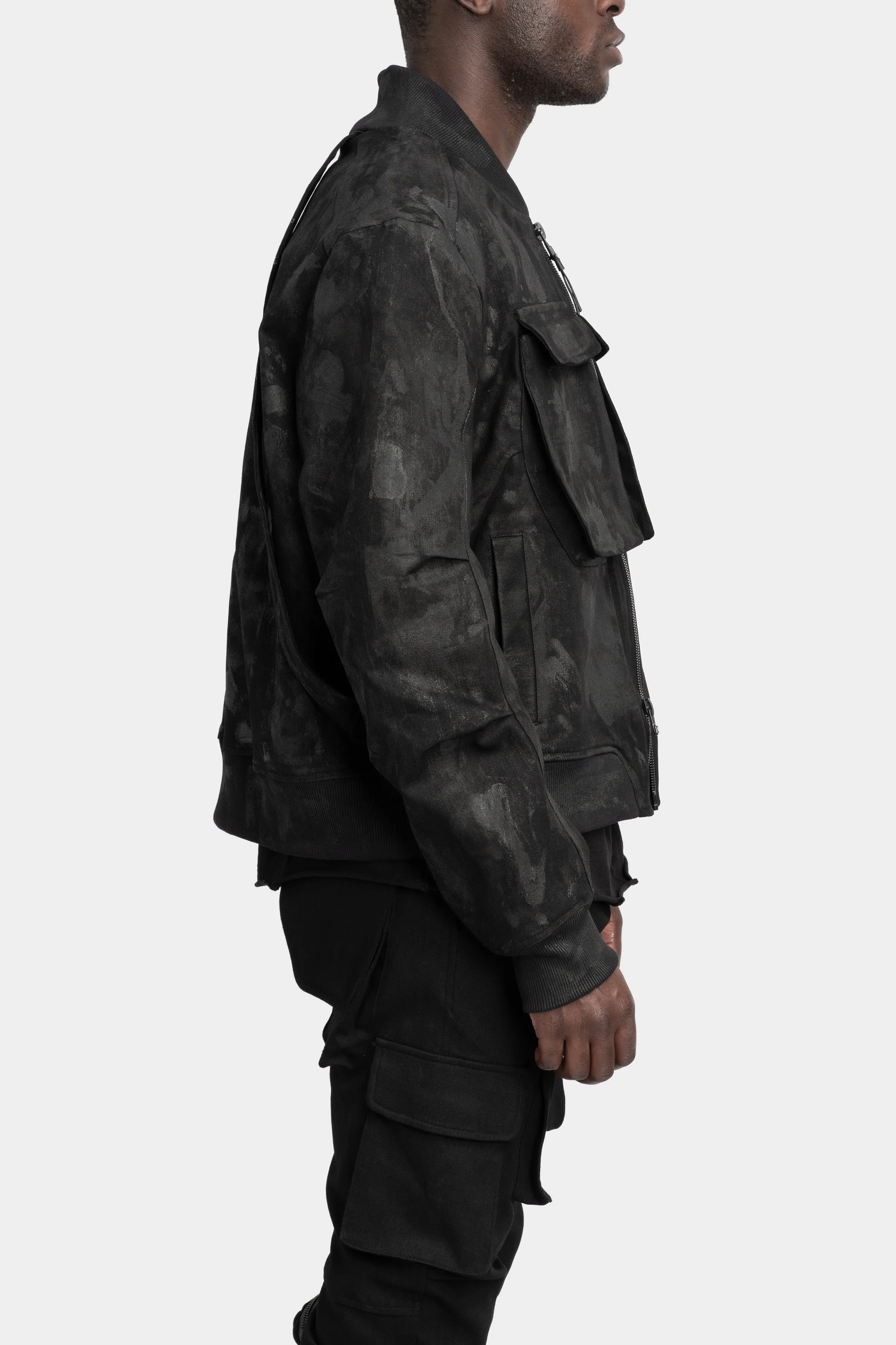 Tar coated patch pockets bomber jacket