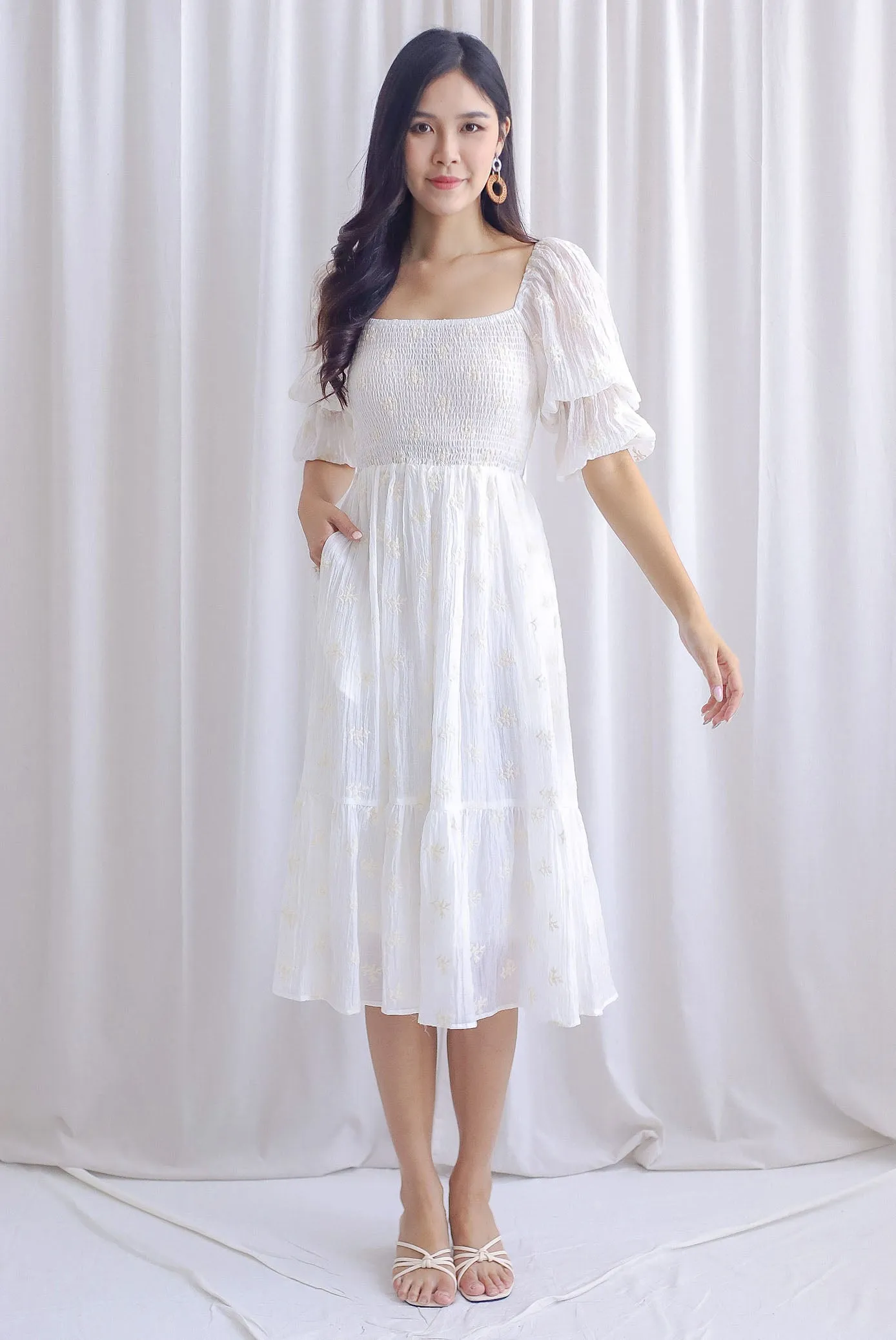 TDC Basha Tiered Puffy Sleeve Maxi Dress In White Embro