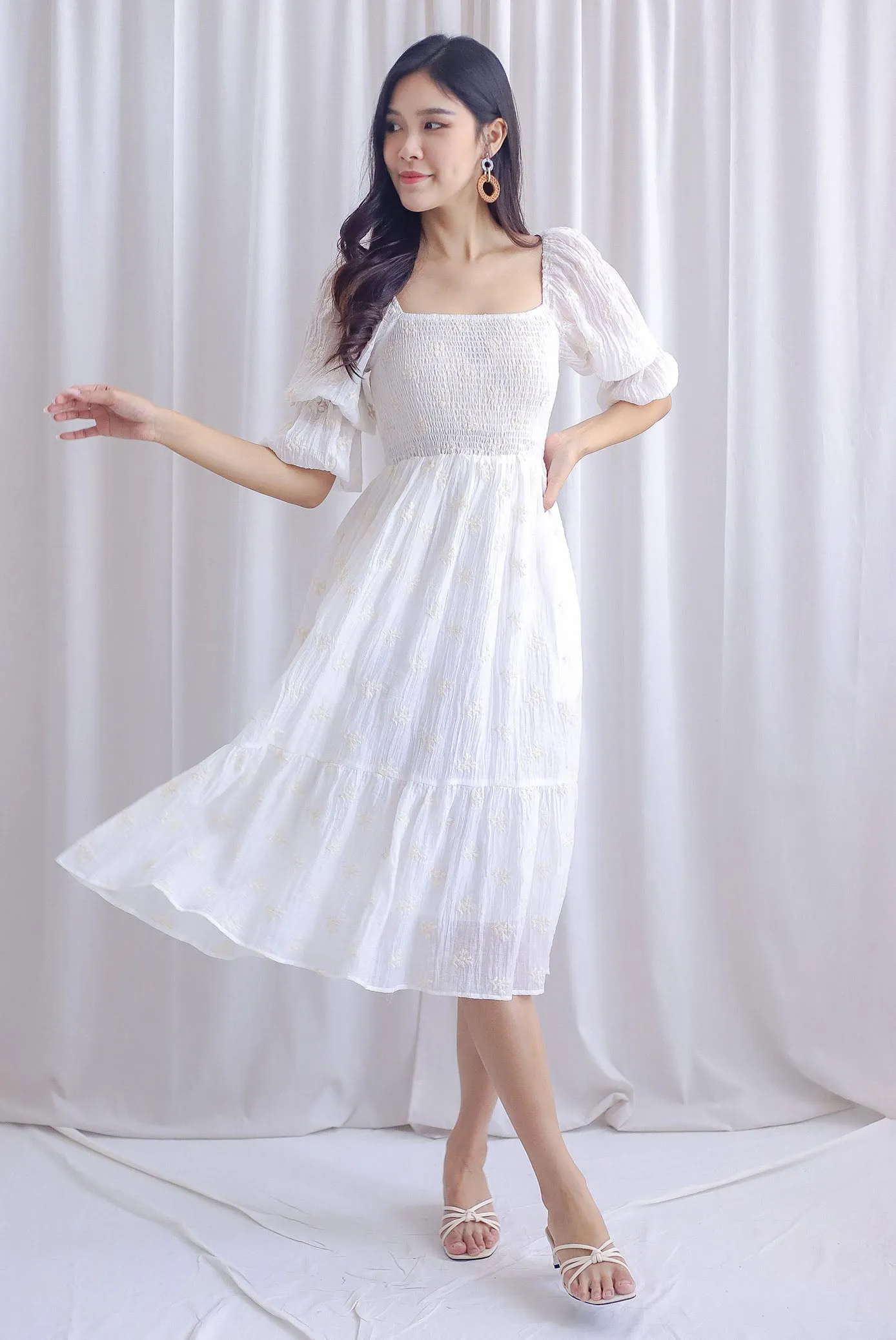 TDC Basha Tiered Puffy Sleeve Maxi Dress In White Embro