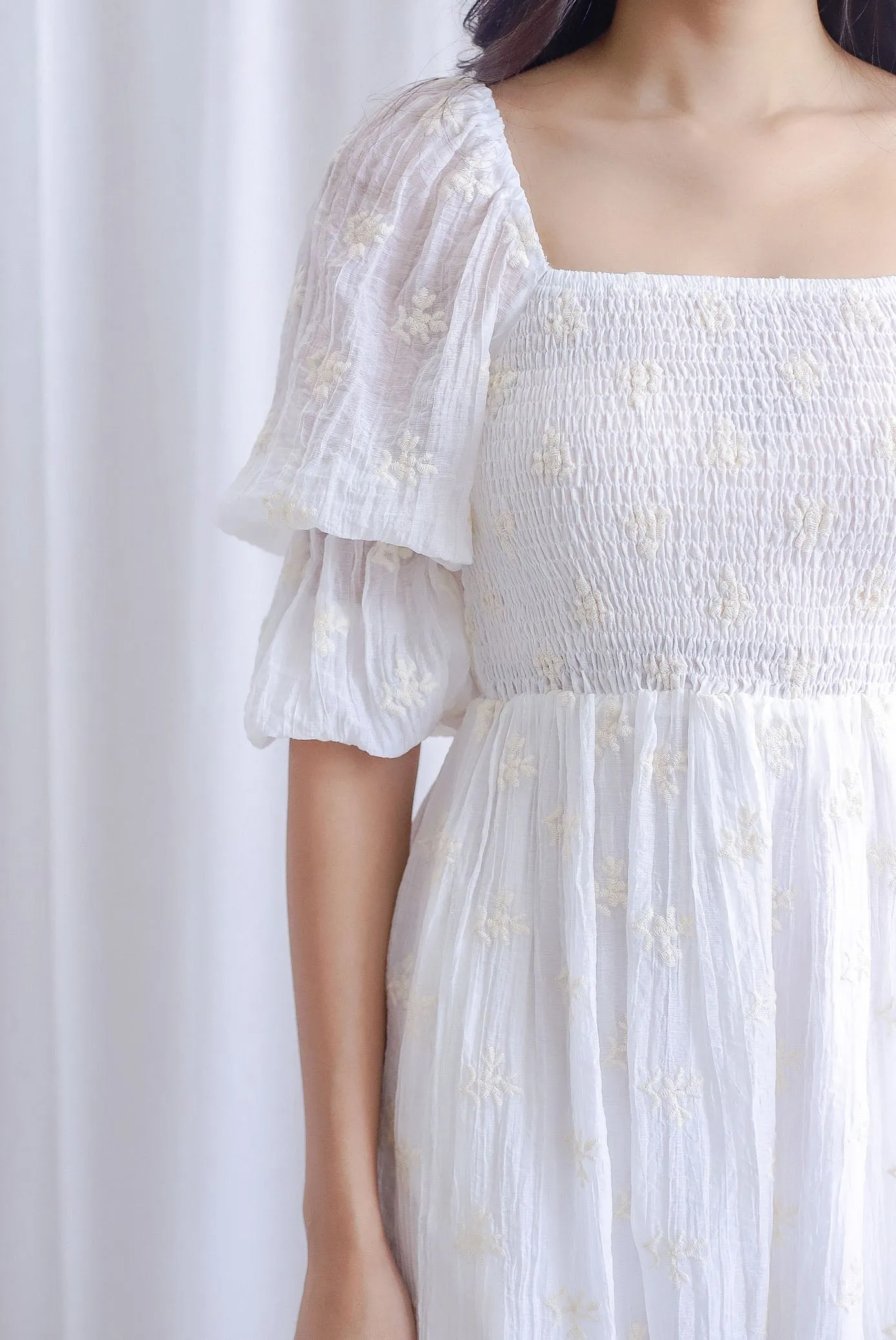 TDC Basha Tiered Puffy Sleeve Maxi Dress In White Embro