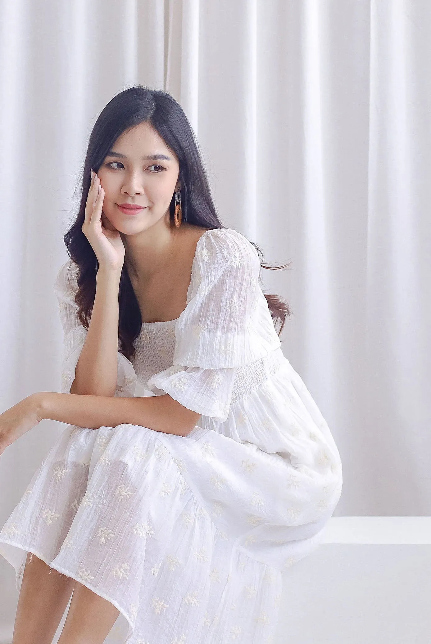 TDC Basha Tiered Puffy Sleeve Maxi Dress In White Embro